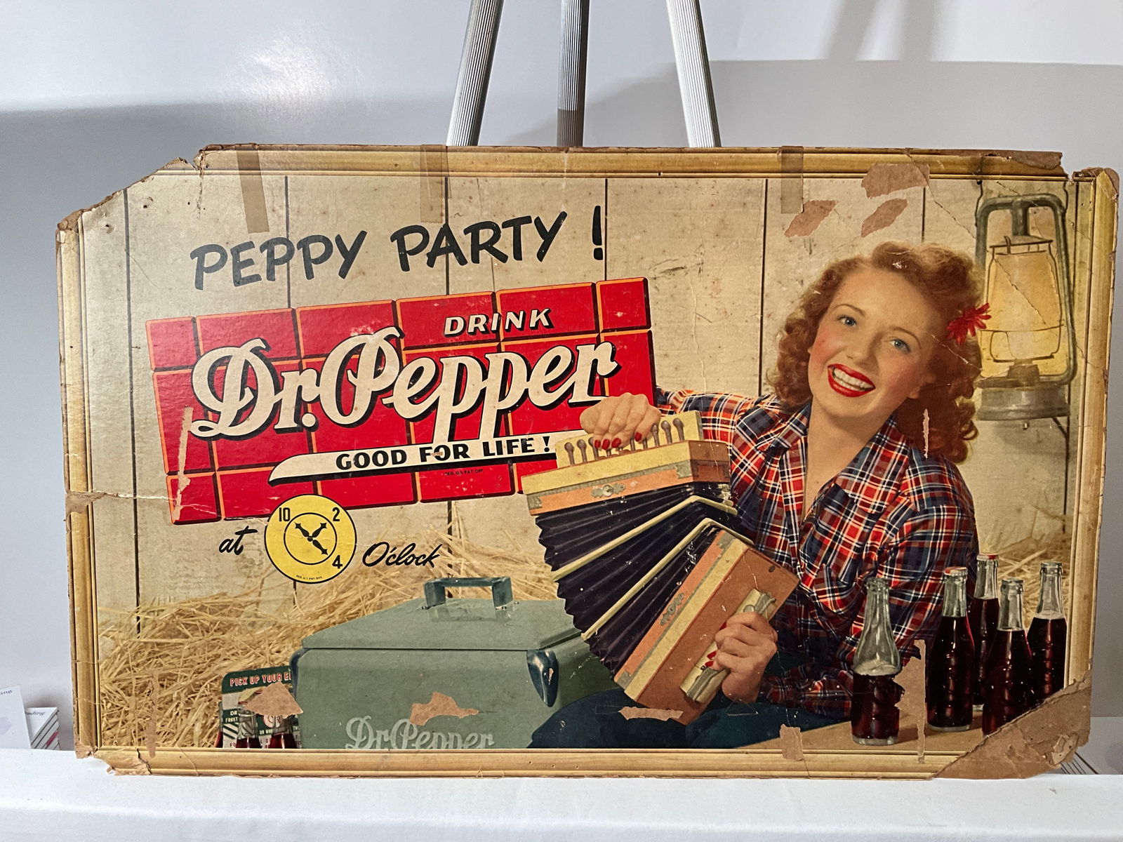 1940's Peppy Party! Dr. Pepper Soda Advertising Sign, Woman Playing an Accordion (1 of 4)