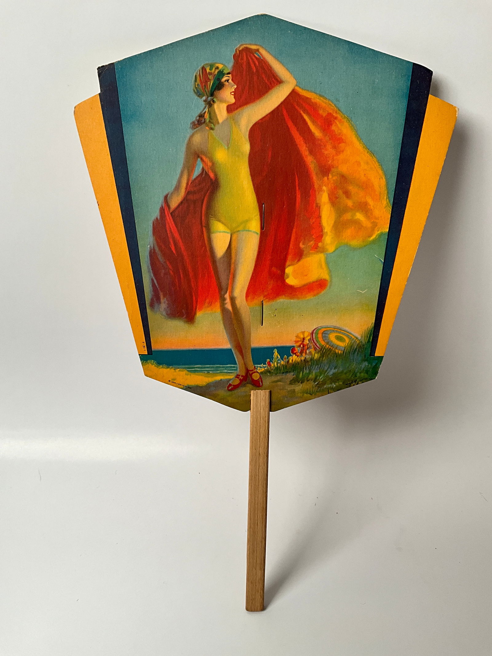 7Uo Soda Pop Advertsing Fan with early woman in bathing suit, Art Nouvou: Early 1930s Art Nouvou 7Up Soda Pop Advertising fan, appears to have never been used. Slight foxing on the back.