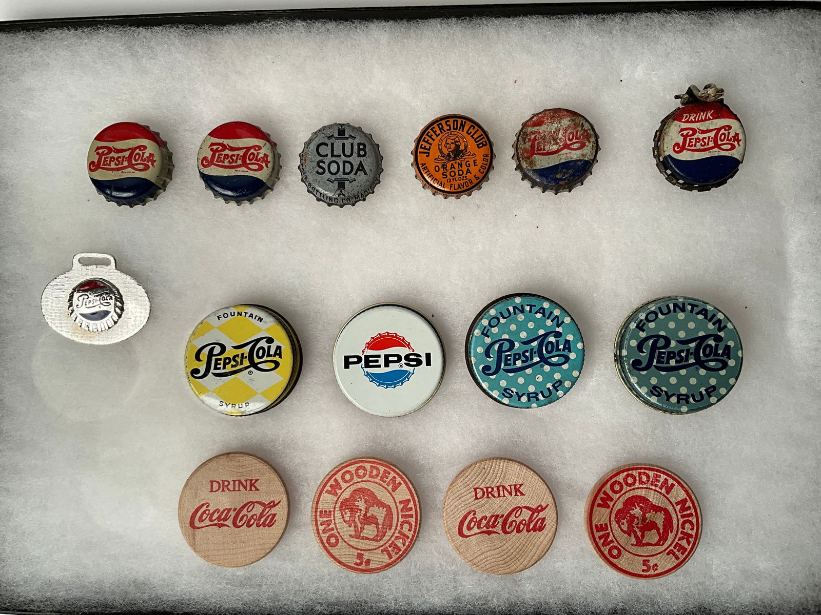 Lot of 15 Misc. Items Soda Advertising Bottle Caps and Wooden nickels. (1 of 4)