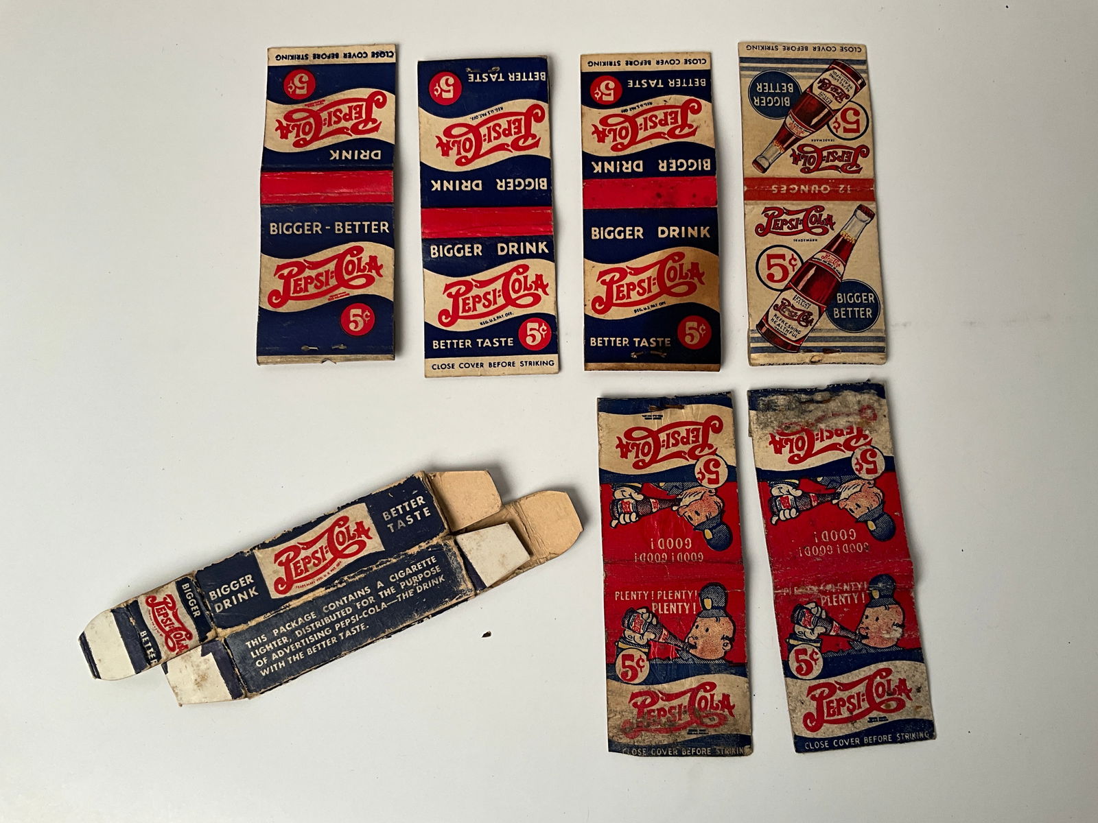 Lot of 6 Early Pepsi Cola Advertising Matchbooks and one old Pop Bottle Lighter Box (1 of 3)