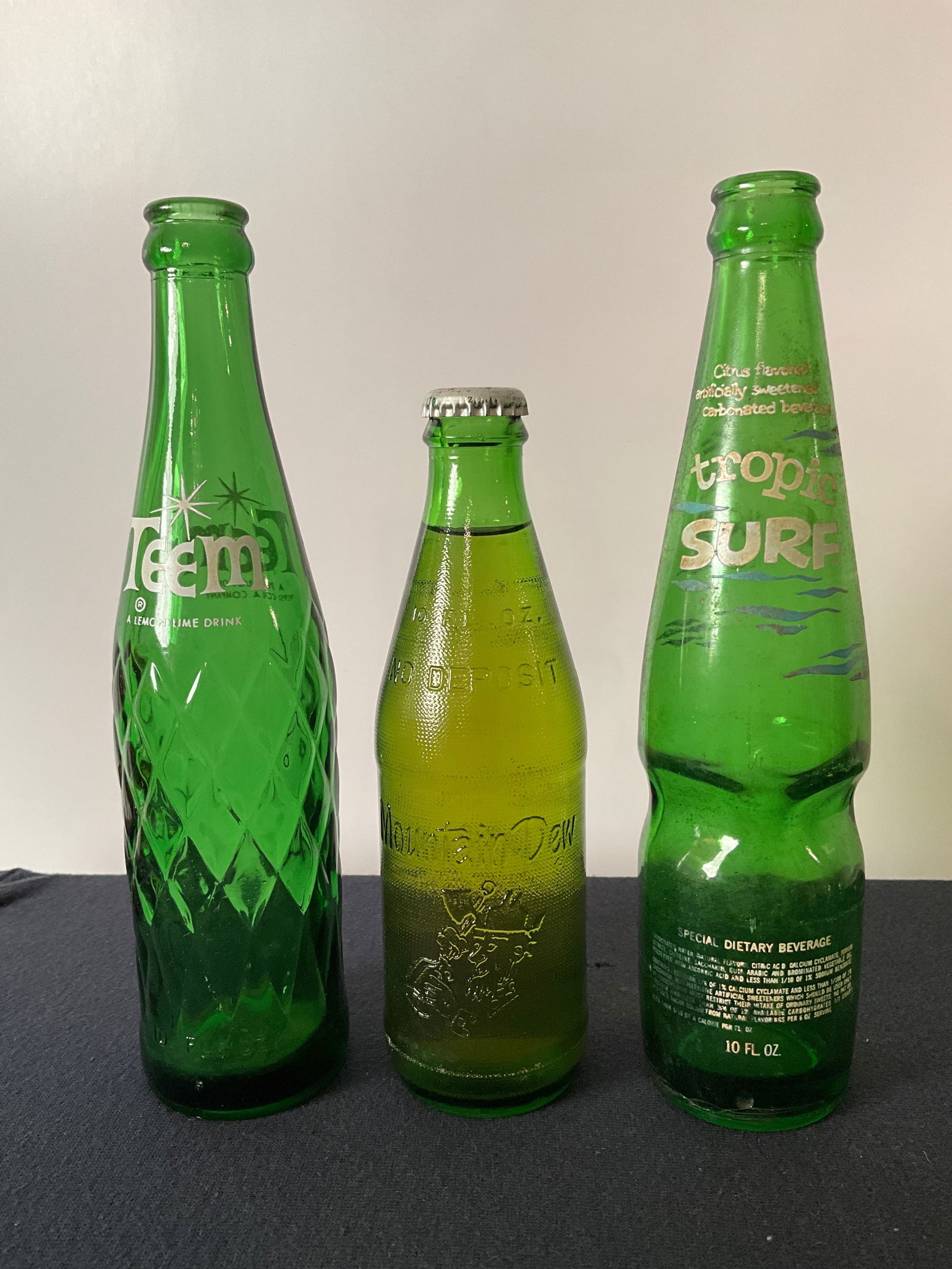 Lot of 3 ACL Pop Bottles,Throw Away Mountain Dew, Tropic Surf and Teem, Product of Pepsi (1 of 6)