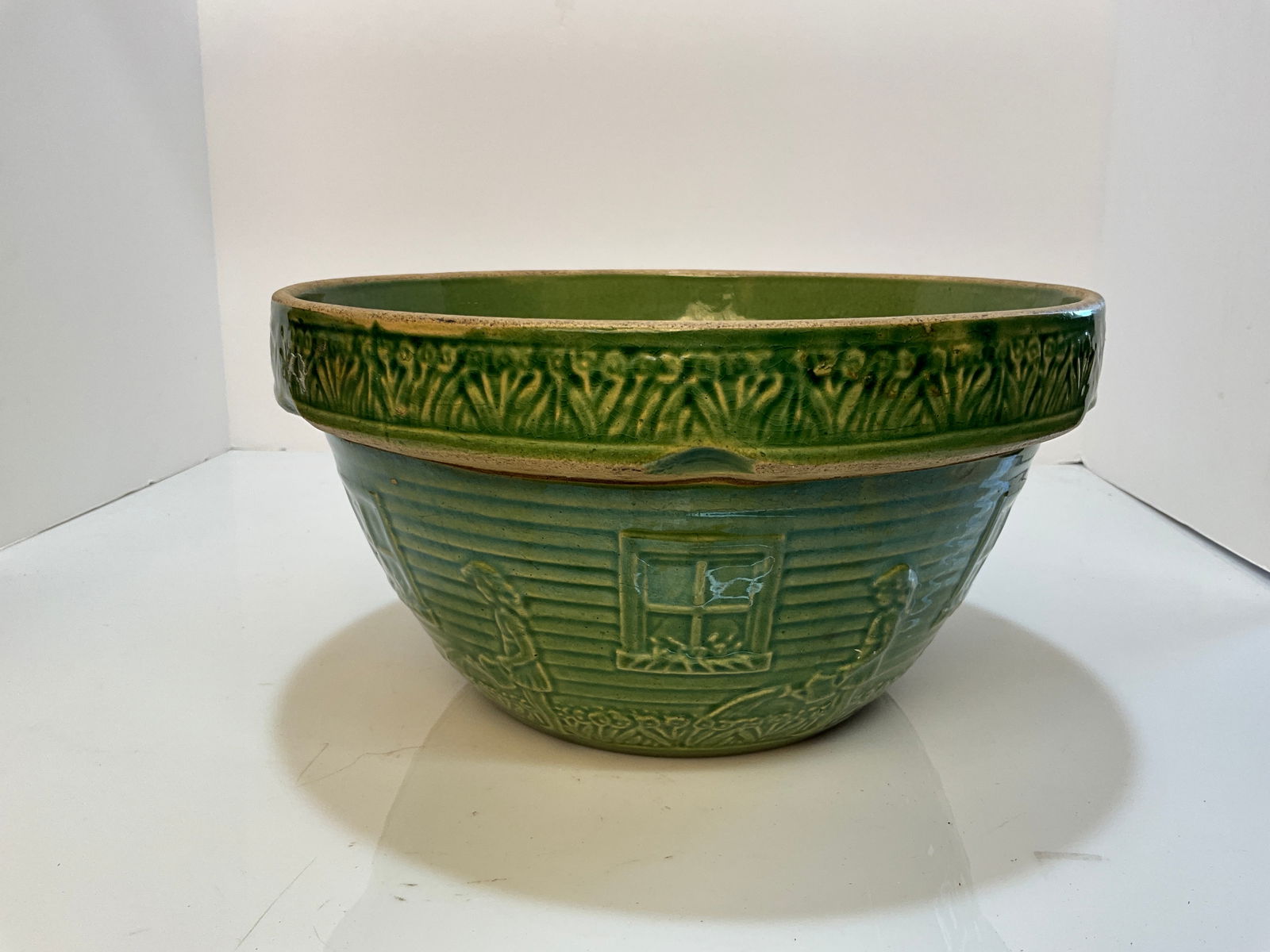 Rare 9 inch McCoy Pottery Mold #166, Yellow Ware Green Glaze, Girl with Watering Can Mixing Bowl (1 of 6)