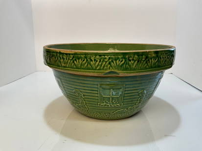 Rare 9 inch McCoy Pottery Mold #166, Yellow Ware Green Glaze, Girl with Watering Can Mixing Bowl: Rare 9 inch McCoy Pottery Mold #166, Yellow Ware Green Glaze, Girl with Watering Can Mixing Bowl. A super hard to find pattern, in a nice green coloration. No Damage.