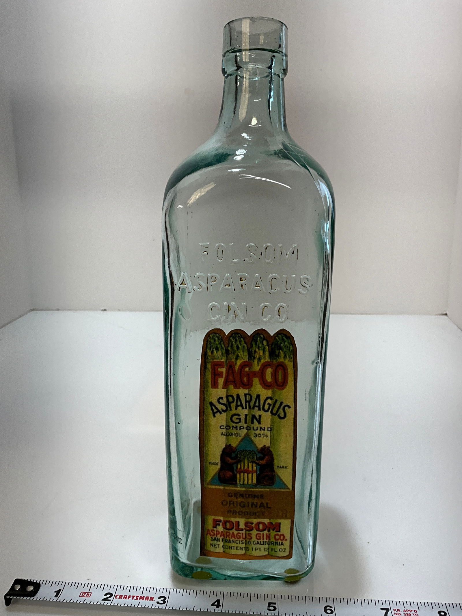 Folsom Asparagus Gin Co.  Bottle, 10.5" tall. With Facsimile Label. (1 of 5)