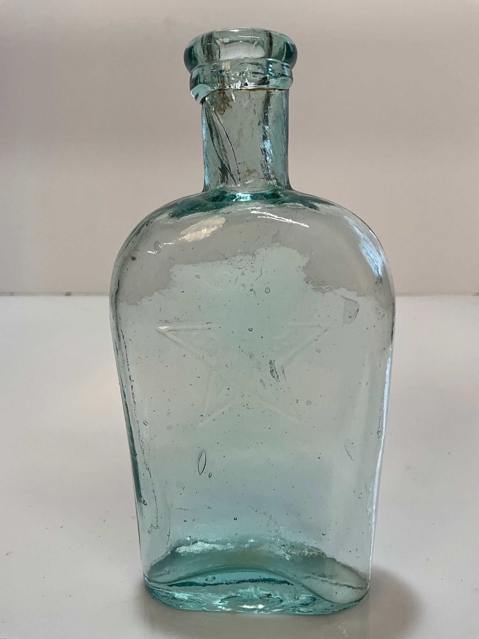 Early 1870s "STAR" 1/2 Pint Flask, Aqua Hinge Mold Bottle (1 of 5)