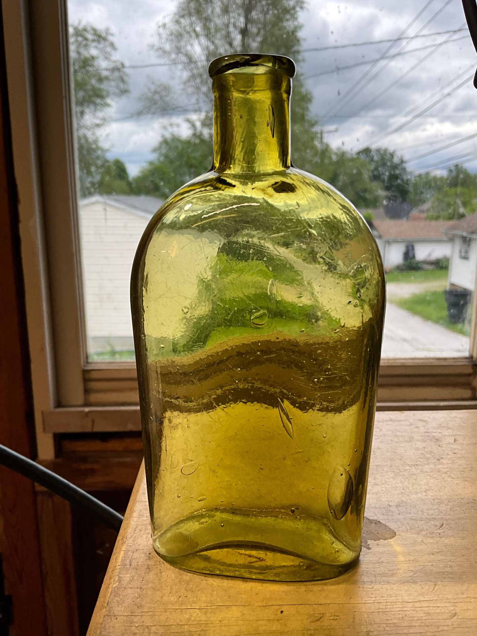 Olive 1/2  Pint Strap Sided Flask. Tooled Lip. Nice Color (1 of 7)