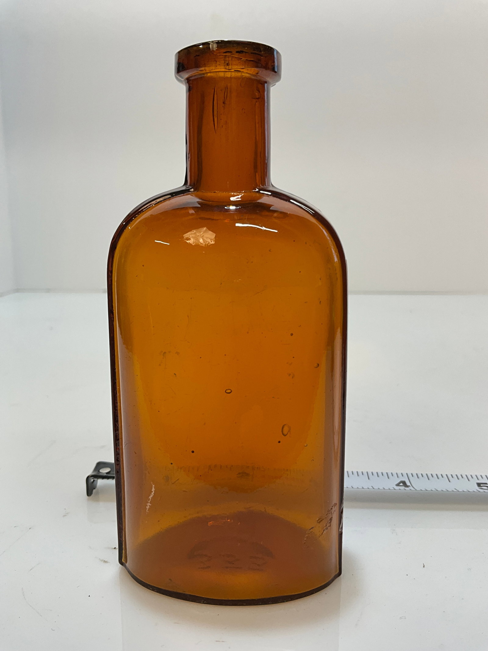 Rare 4 OZ Strap Sided Flask, Amber, Tooled Lip: Rare 4 OZ Strap Sided Flask, Amber, Tooled Lip. No damage.