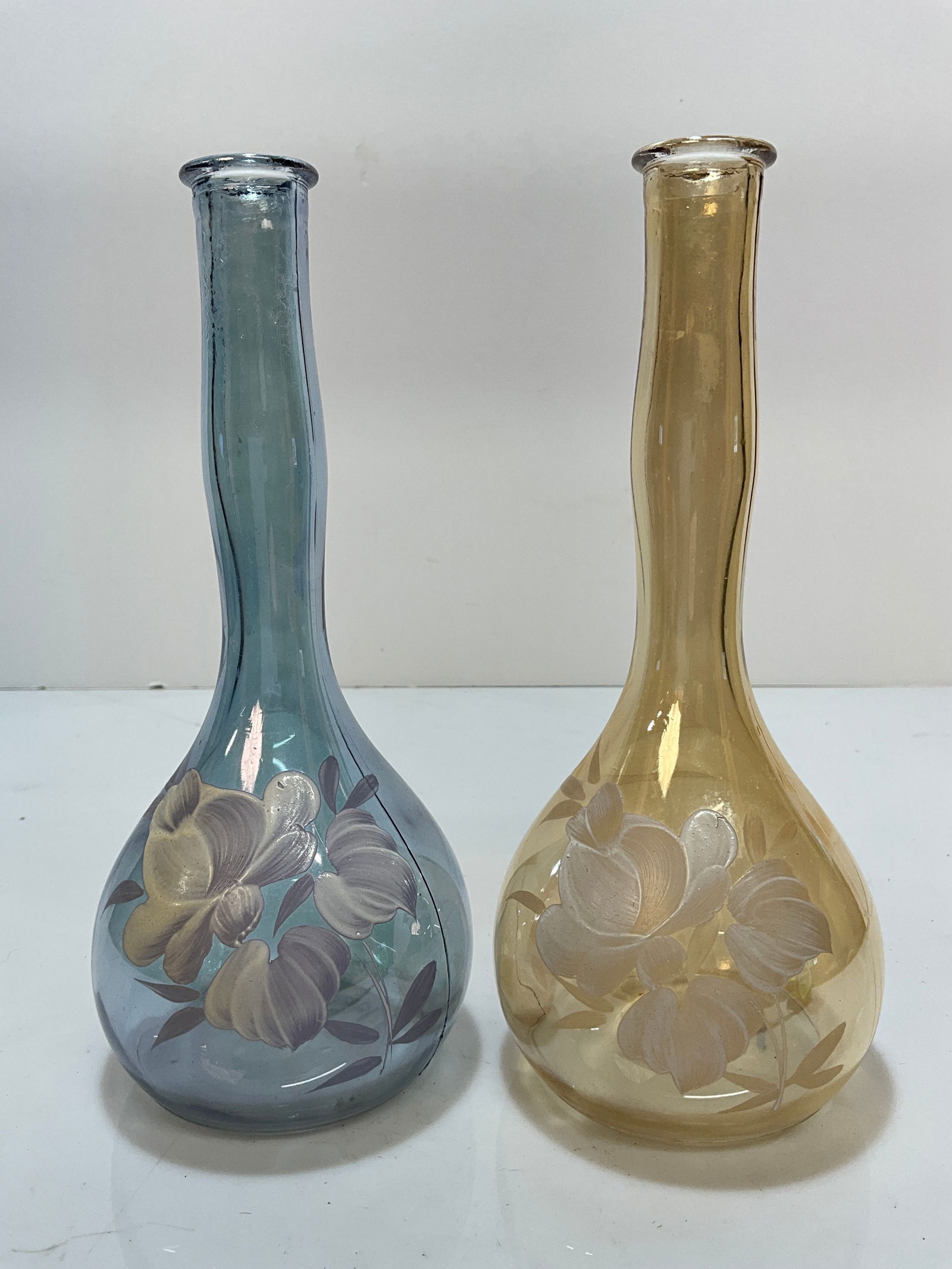 Hair Tonic Barber Bottles with painted flowers, both Carnival Glass, One Orange and One Blue (1 of 6)