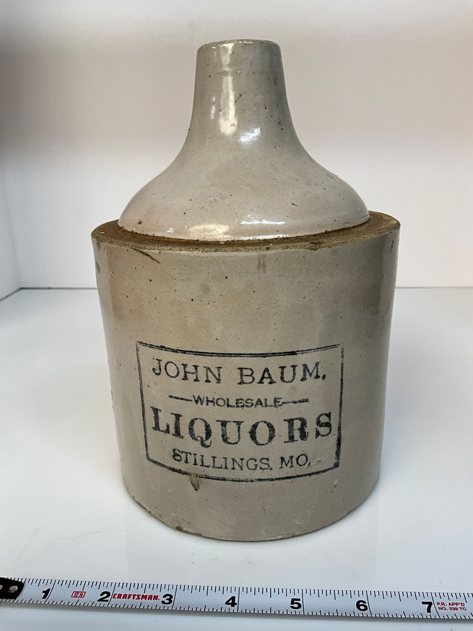 Small Whiskey Jug, Stenciled John Baum Wholesale Liquors, Stillings, MO. (1 of 6)