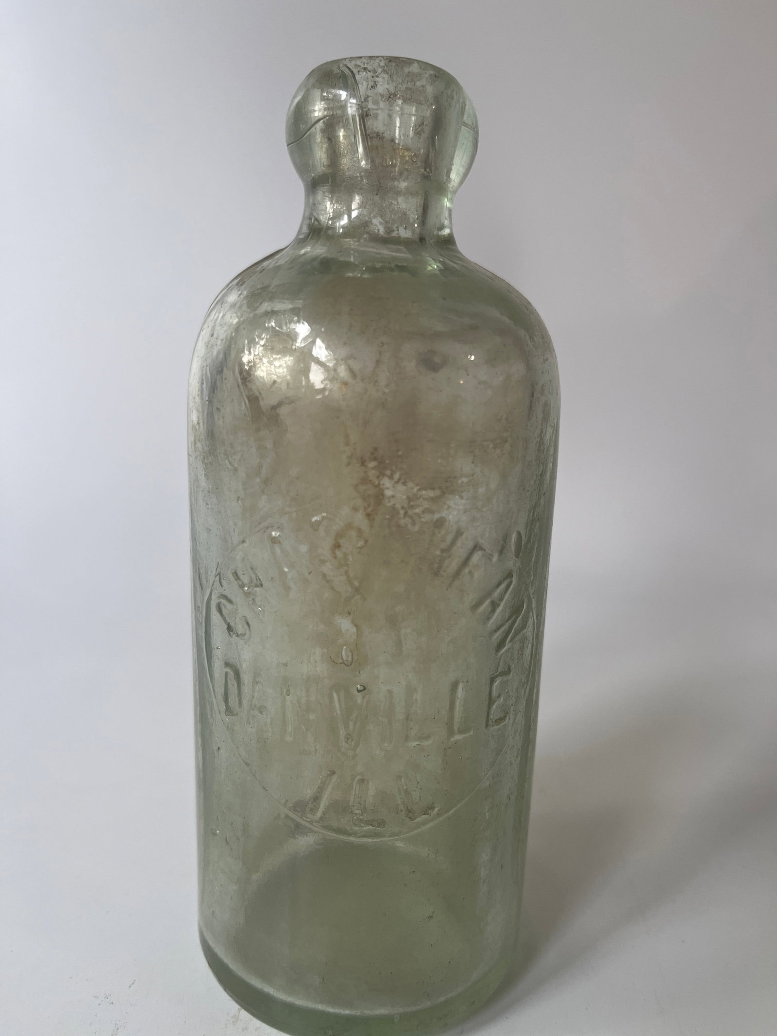 Chas Shean Danville, Ill aqua hutch soda.: Here's a Chas Shean Danville, Ill hutch soda. The bottle has no damage but does have stain.