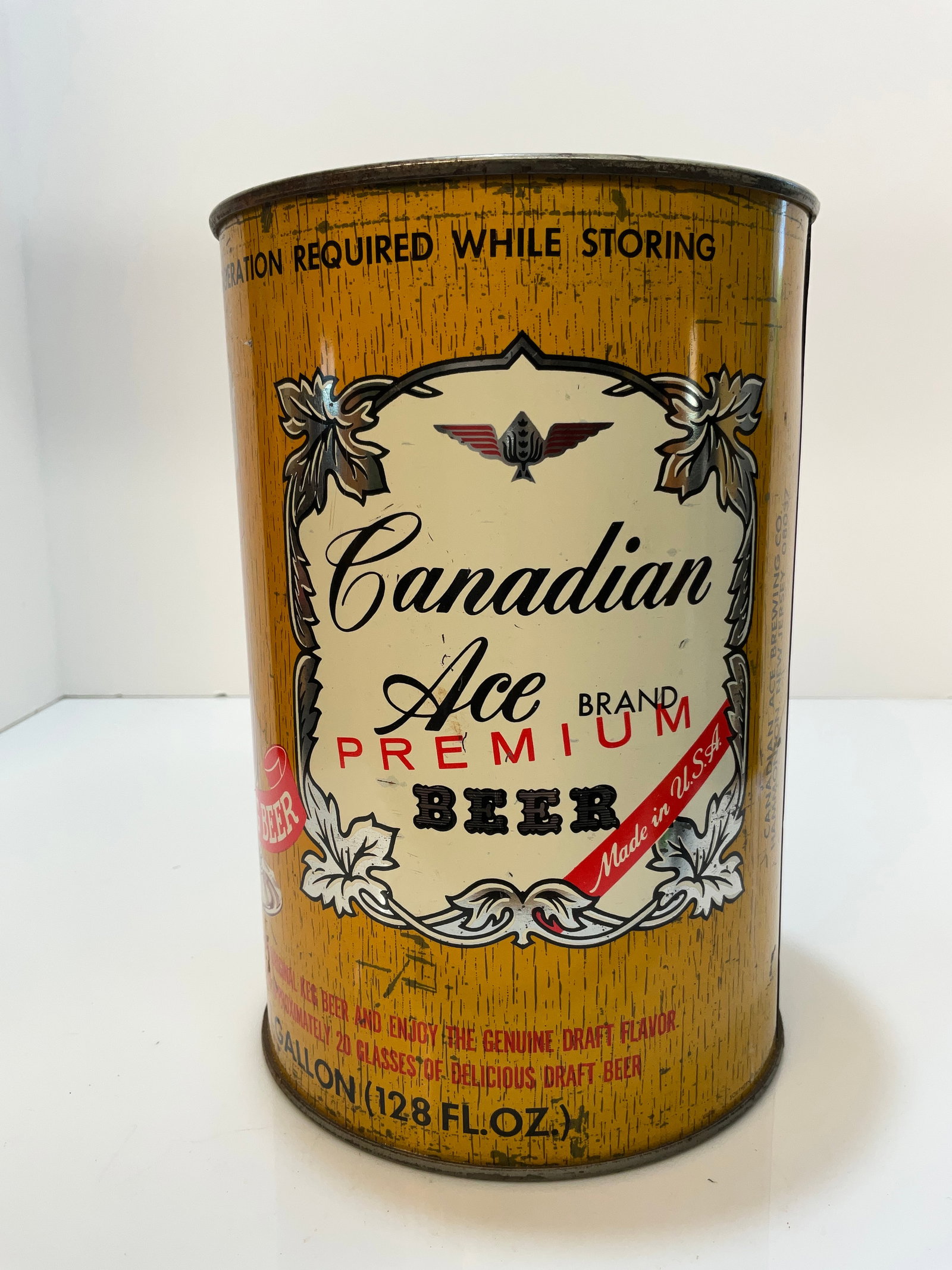 Canadian Ace Premium Beer Steel 1 Gallon Can, Hard to Find: Canadian Ace Premium Beer Steel 1 Gallon Can, Hard to Find Larger Size Can. One Gallo of New Jerseys Finest Beer. Canadian Ace Brewing Co. Nice shape and colors