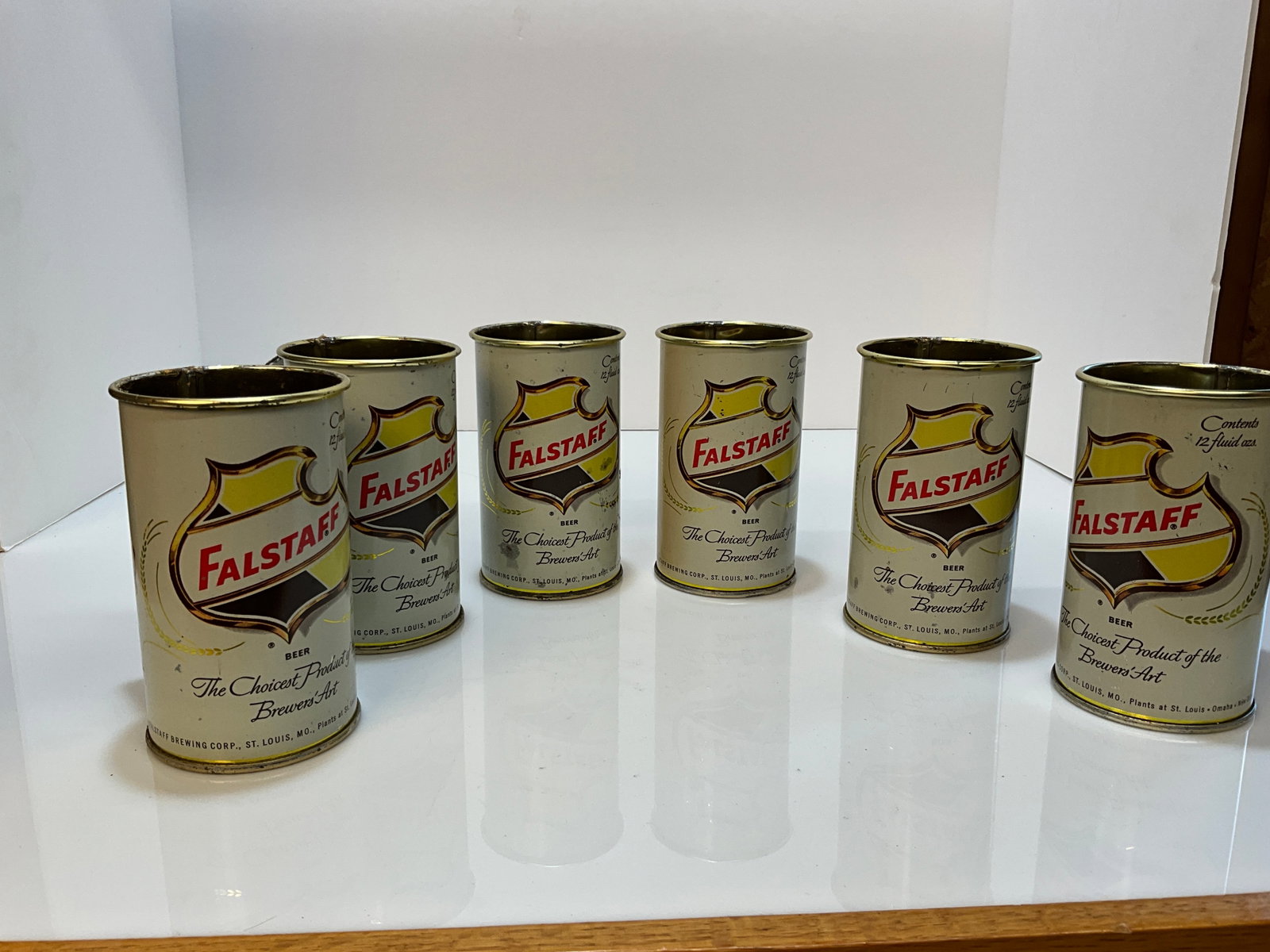Six - Falstaff Beer Can Drinking Glasses: Six - Falstaff Beer Can Drinking Glasses. Interesting Beer cans with handles. A neat go with to your beer can collection.