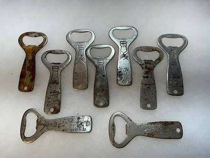 Lot of Nine Early Beer Openers - See Description for List: Lot of Nine Early Beer Openers. 1. Miller High Life Beer. 2. Schlitz's Beer that made Milwaukee Famous. 3. Champagne Velvet, Terre Haute Indiana. 4. Sterling Beer, Evansville Indiana. 5. Schlitz's Bee