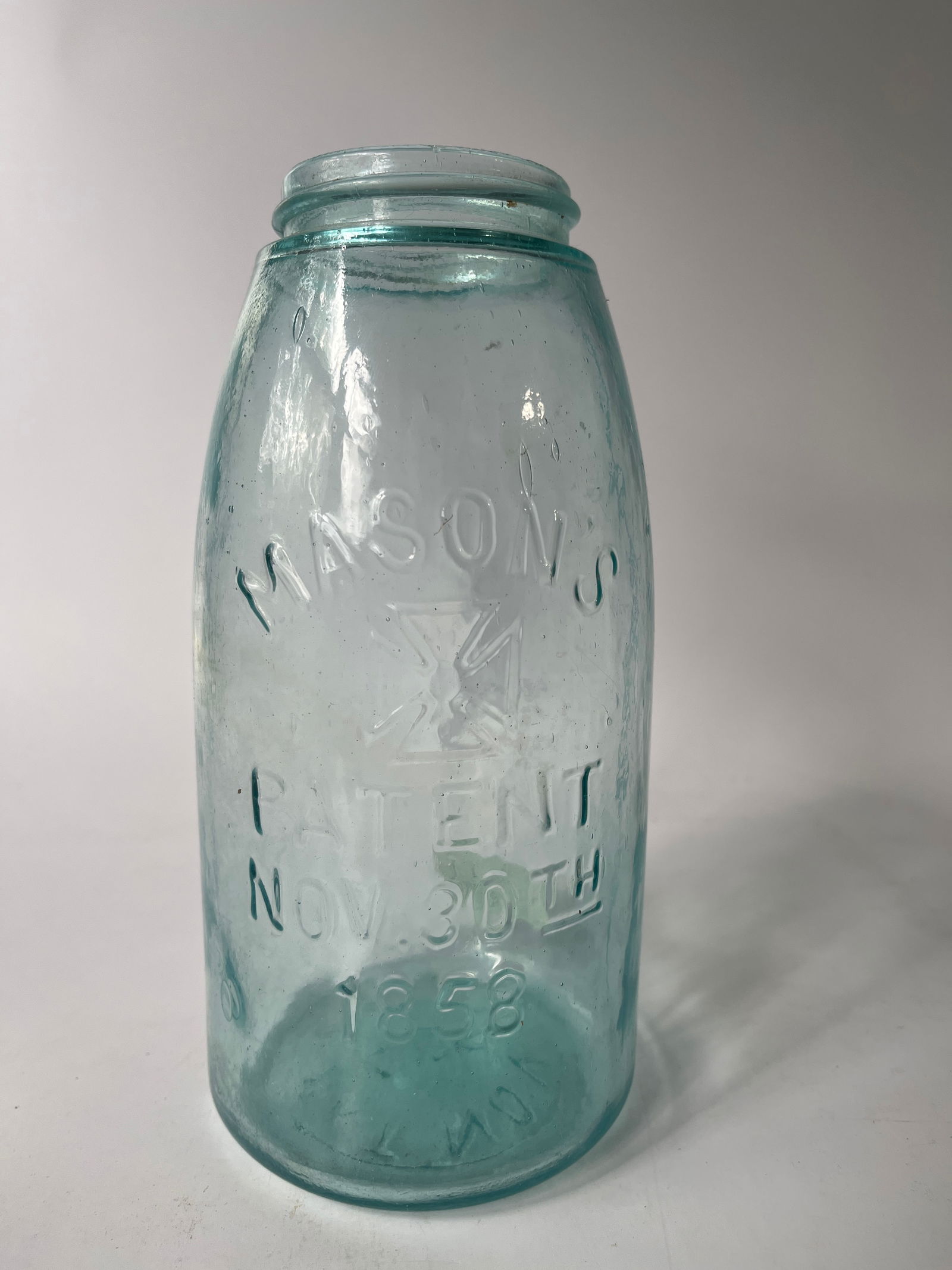 Half gallon Mason's (cross) Patent Nov. 30th 1858, aqua (1 of 4)