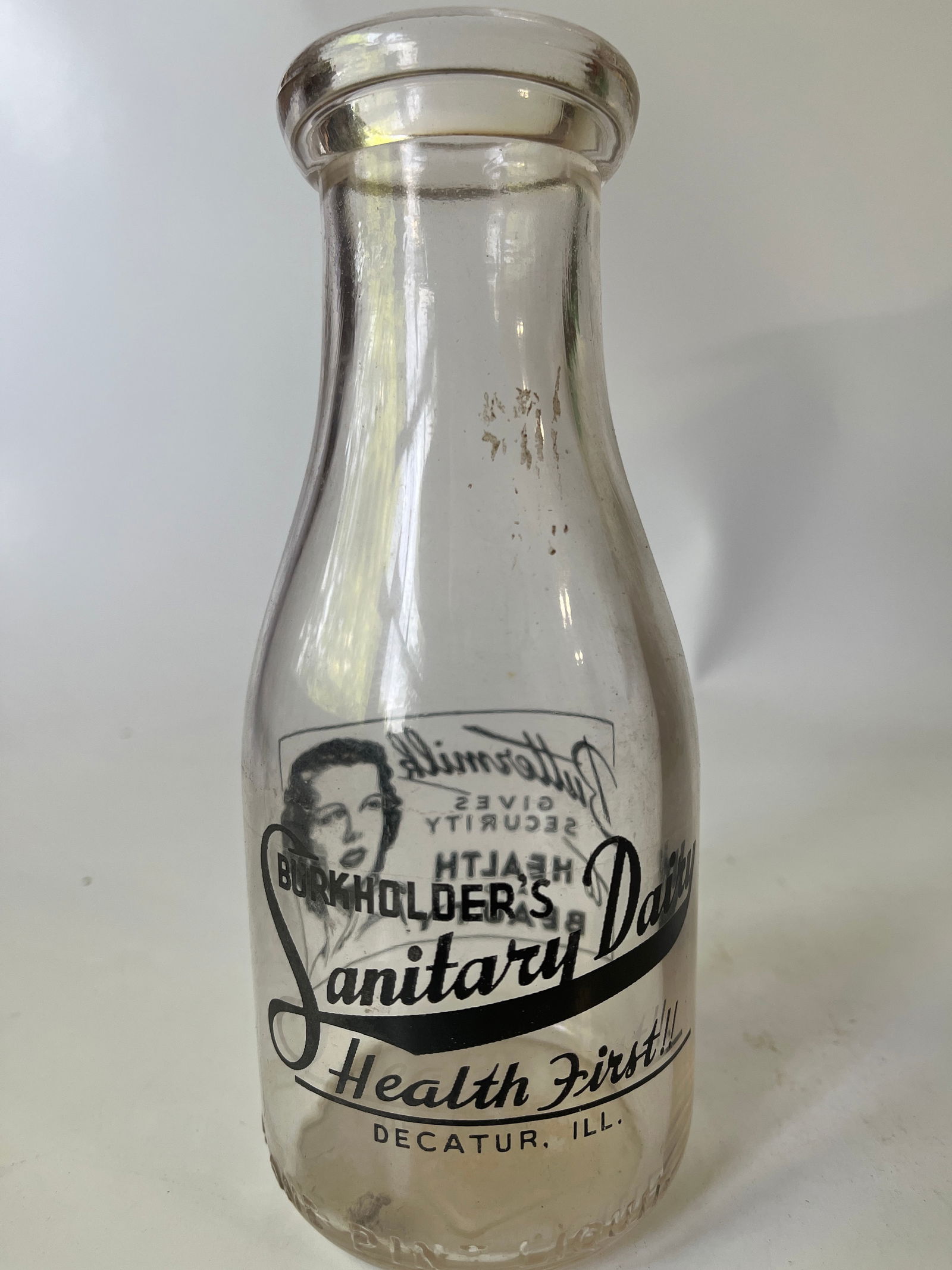 Burkholder's Sanitary Dairy Decatur, Ill brown pyro pint milk bottle. (1 of 4)