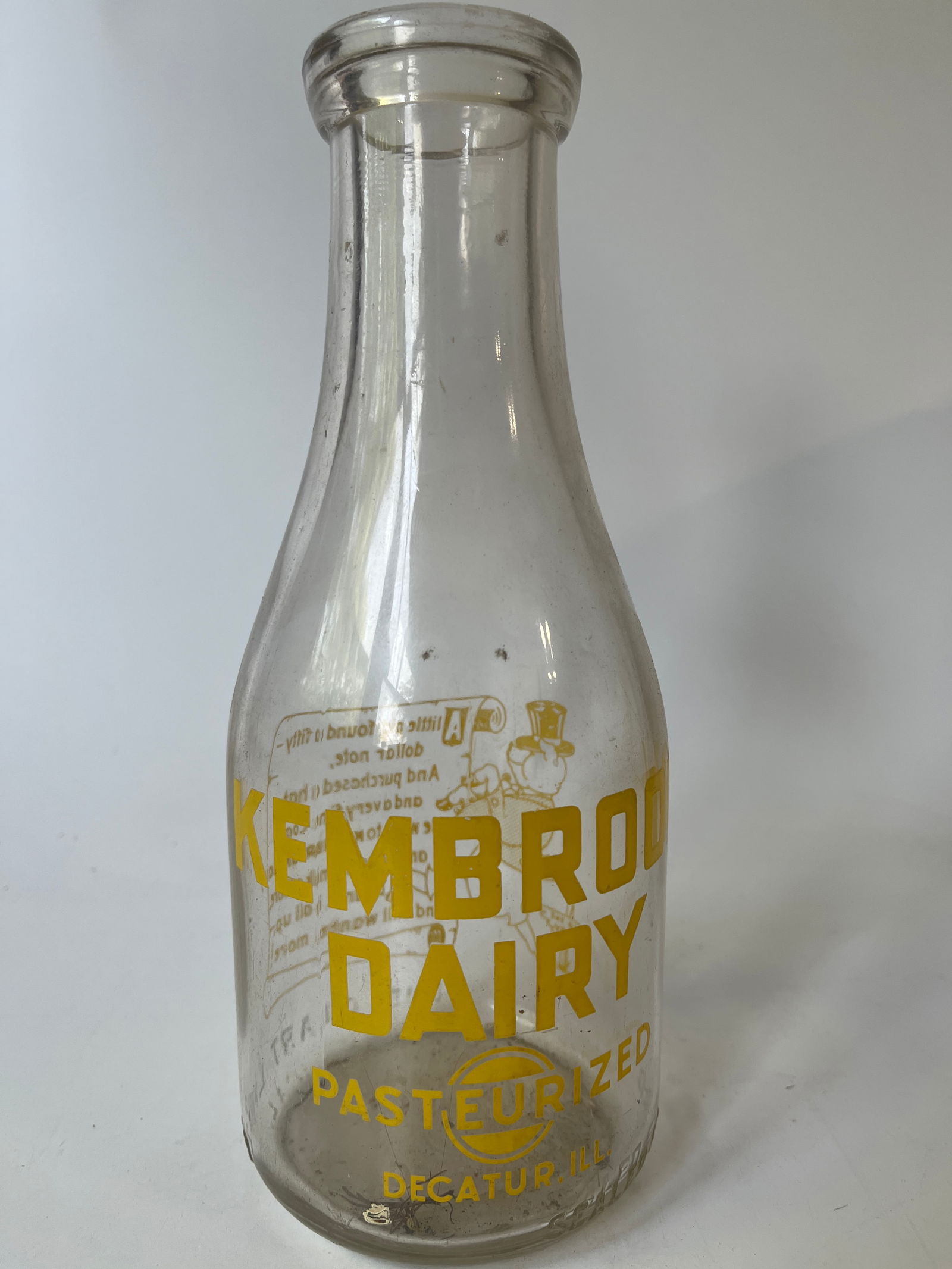 Kembrook Dairy Decatur, Ill w/ poem on rev, yellow pyro quart milk bottle. (1 of 5)