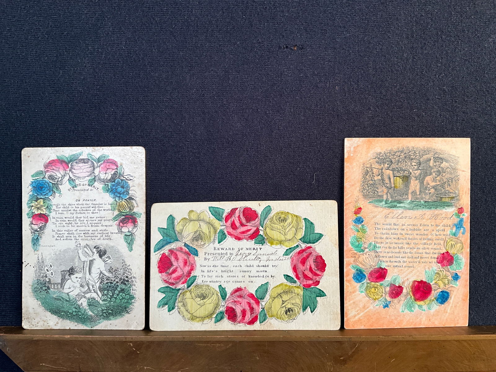 Rewards of Merit, ca. 1830-1840s Lot of 3 Cards, with Water Colors Added (1 of 6)