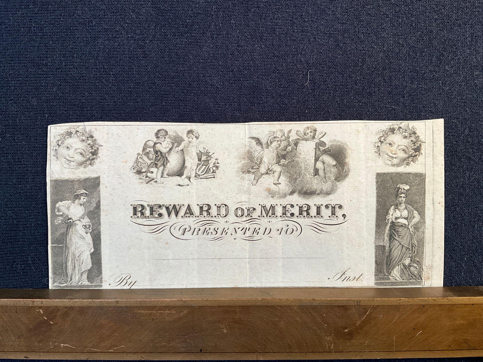 Rewards of Merit, ca 1800s - Unusual Reward Printed on Thin Rag Paper with Highly Detailed Engraving: Here is a nice early 1800s unusual reward printed on thin rag paper with highly detailed engravings. Note the use of “Inst.” At the bottom (for instructor), instead of the newer term “teache