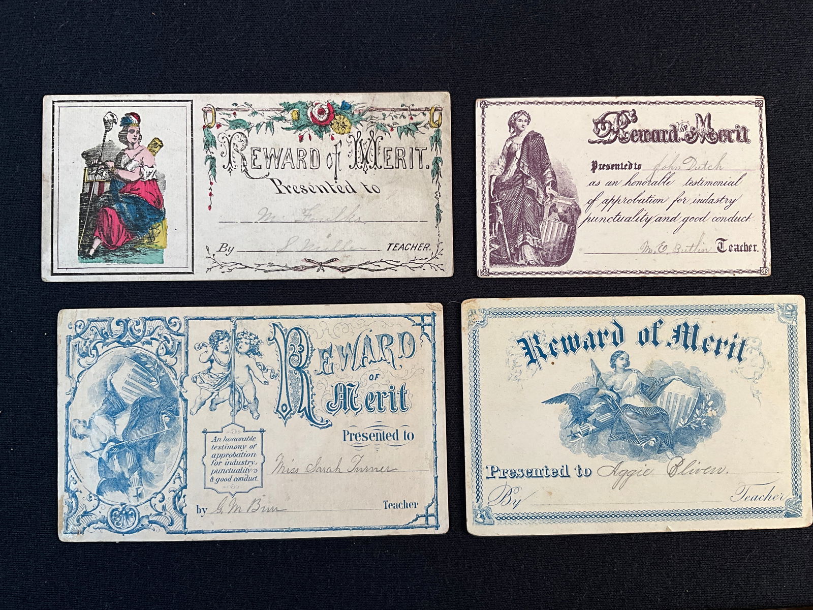 Rewards of Merit, ca. 1860s Lot of 4 - Lady Columbia, The American Eagle, Shields, Liberty Caps (1 of 2)
