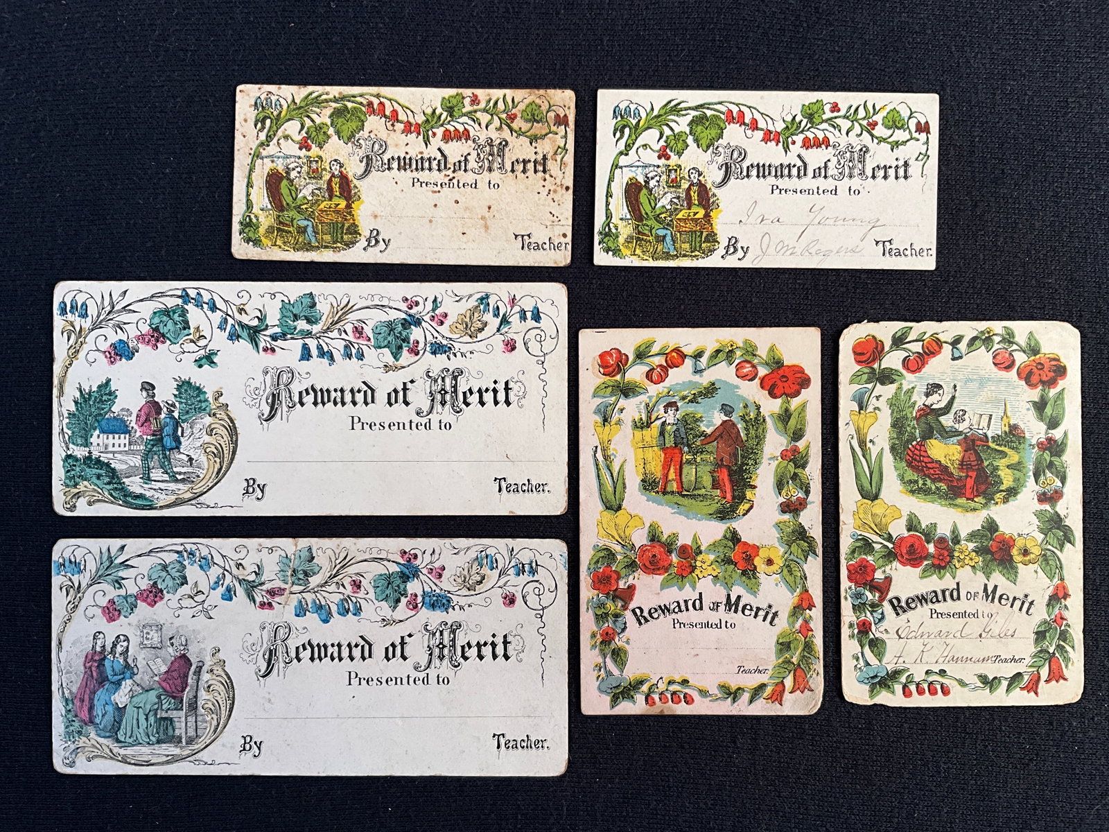 Rewards of Merit, ca. 1860 – 1870s Lot of 6 - Over-Printed Colors on Glossy Stock: These six rewards cards are ca. 1860-1875 and all are printed on glossy stock. The colors are over printed. In all, there are 2 matching pairs and 2 (the 1 ½” X 3” cards) are duplic