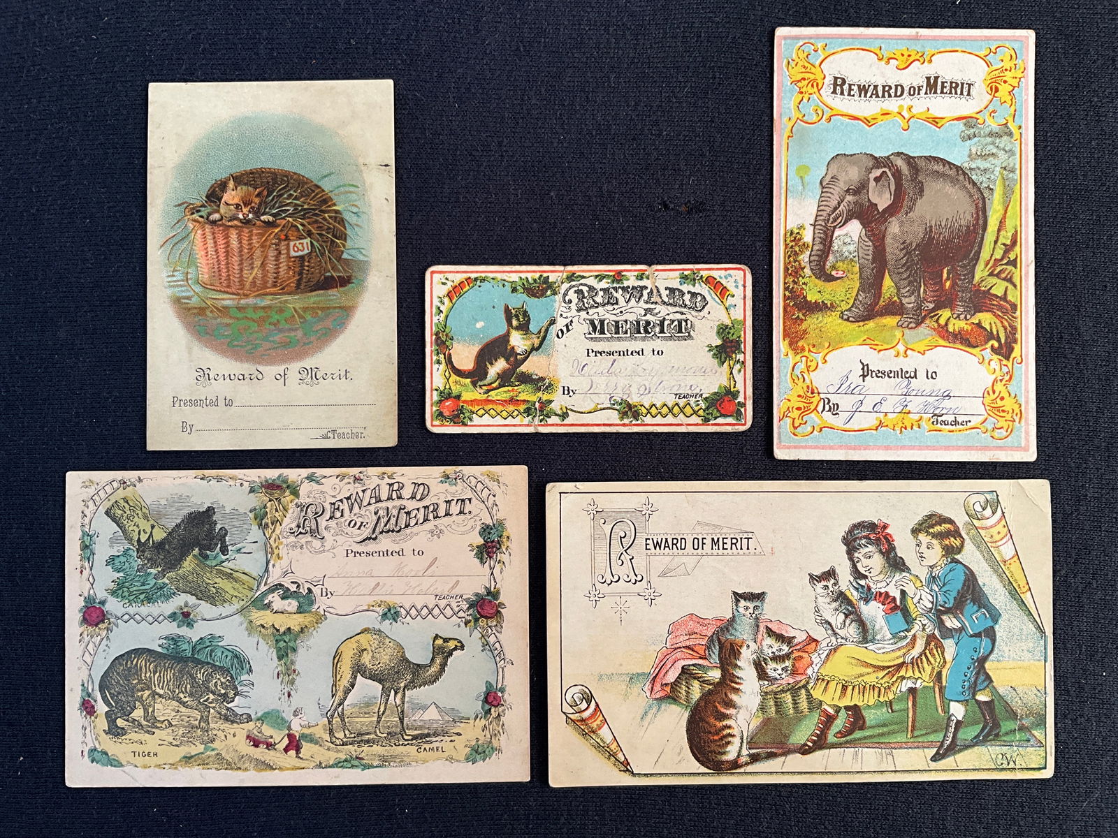 Rewards of Merit, ca. 1870 – 1890s Lot of 5 - Depicts Animals (1 of 2)