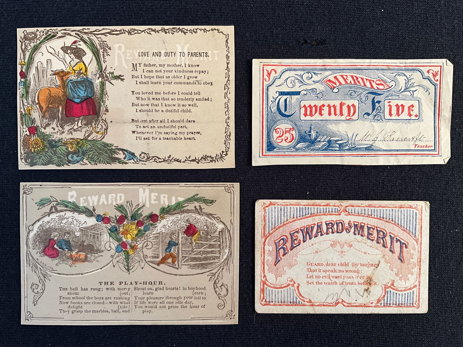 Rewards of Merit, ca. 1860 – 1870s Lot of 4 - Poetic Merits (1 of 2)