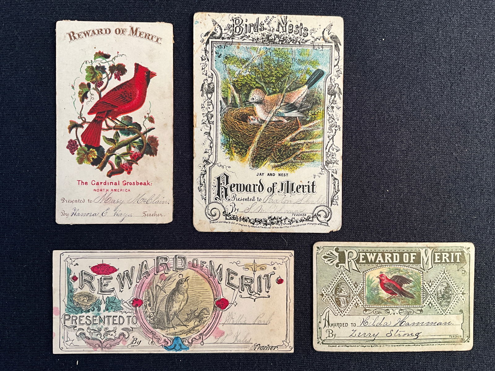 Rewards of Merit, ca. 1860 – 1890s Lot of 4  - Depicts Birds on each Card (1 of 2)