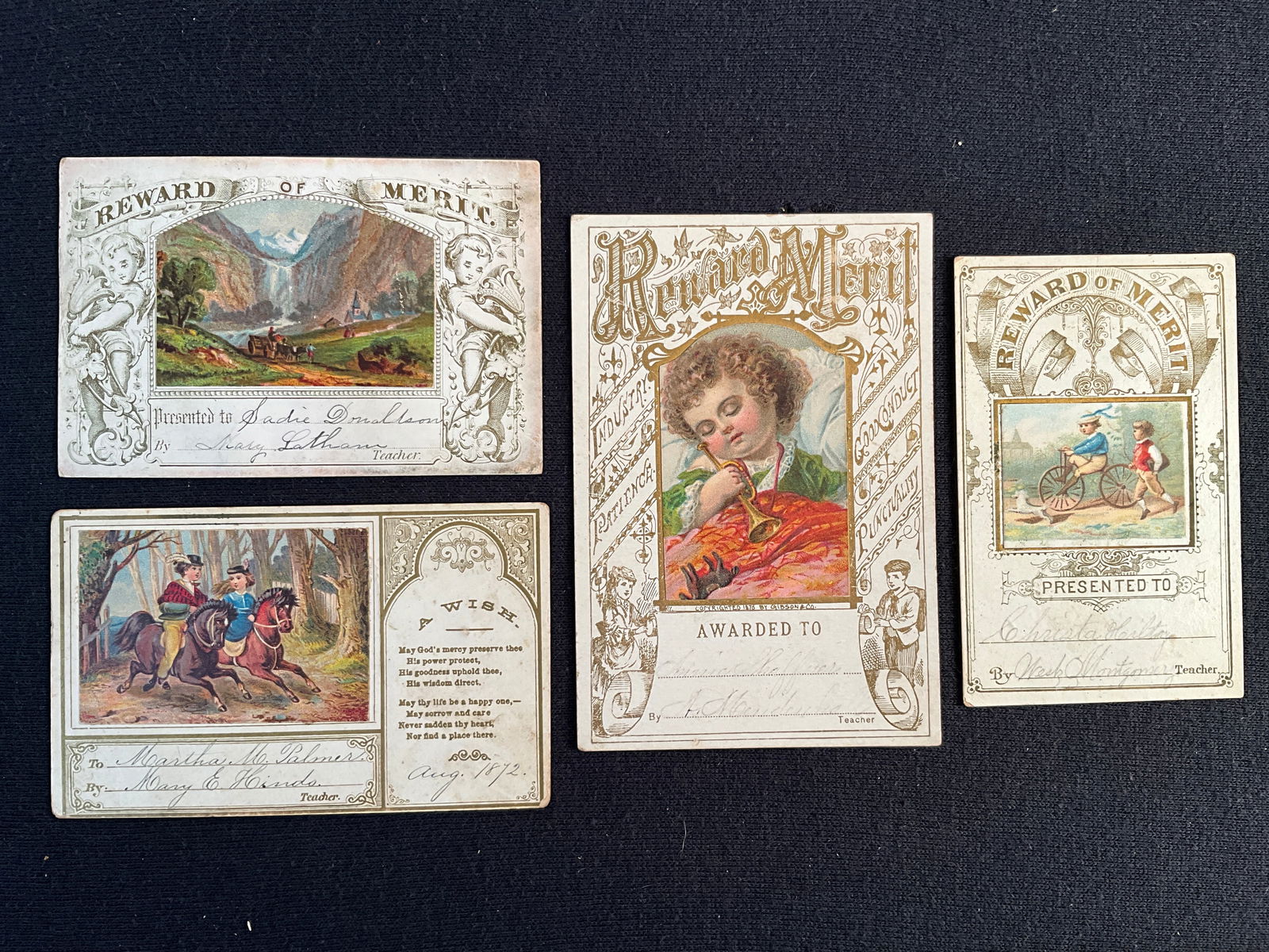Rewards of Merit, ca. 1870s Lot of 4 - With Added Chromos Pasted in the Center (1 of 2)