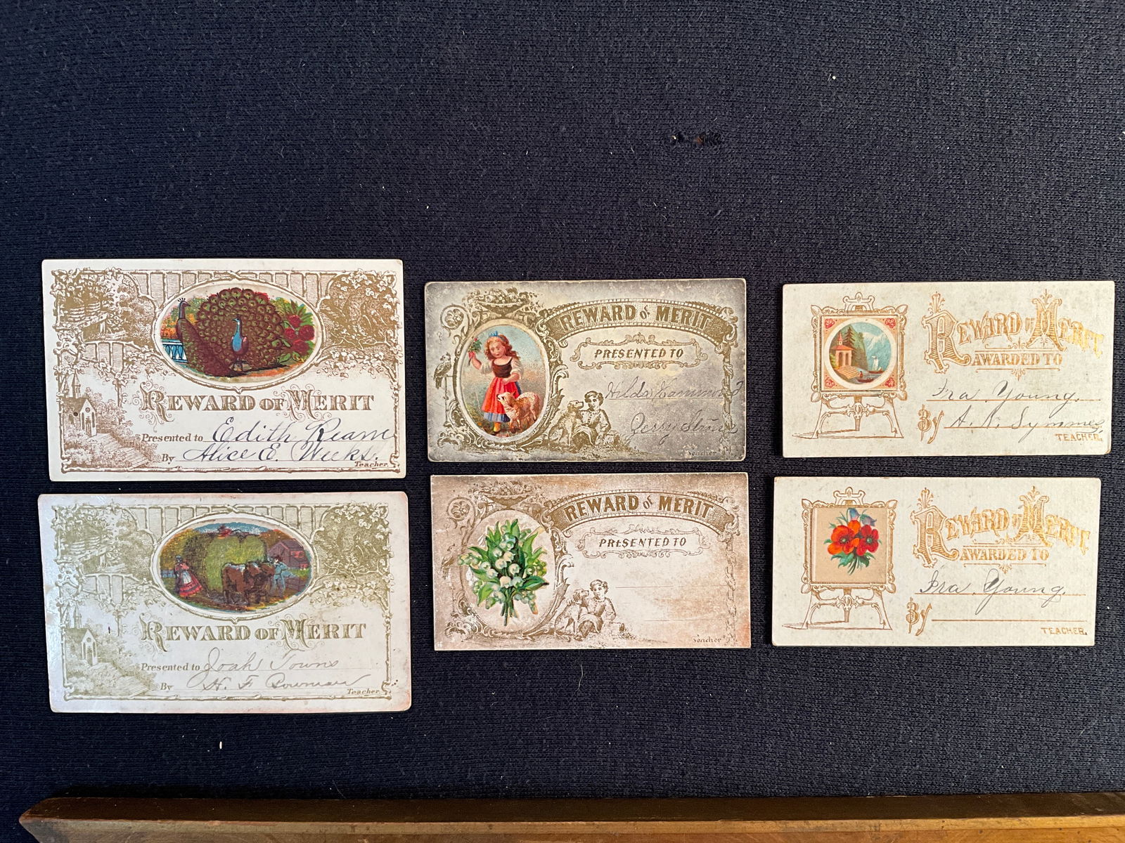 Rewards of Merit, ca. 1800s Lot of 6 - Three Pairs of Calling-Card Sized Rewards (1 of 2)