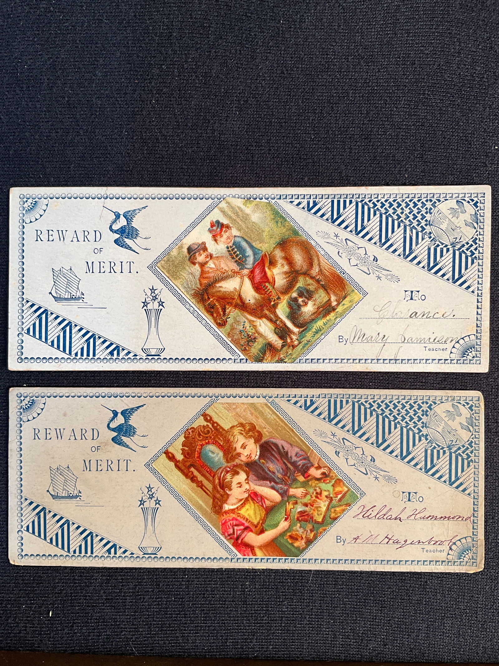 Rewards of Merit, ca. 1885 Lot of 2 - Identical Cards with Different Pasted on Chromos (1 of 2)