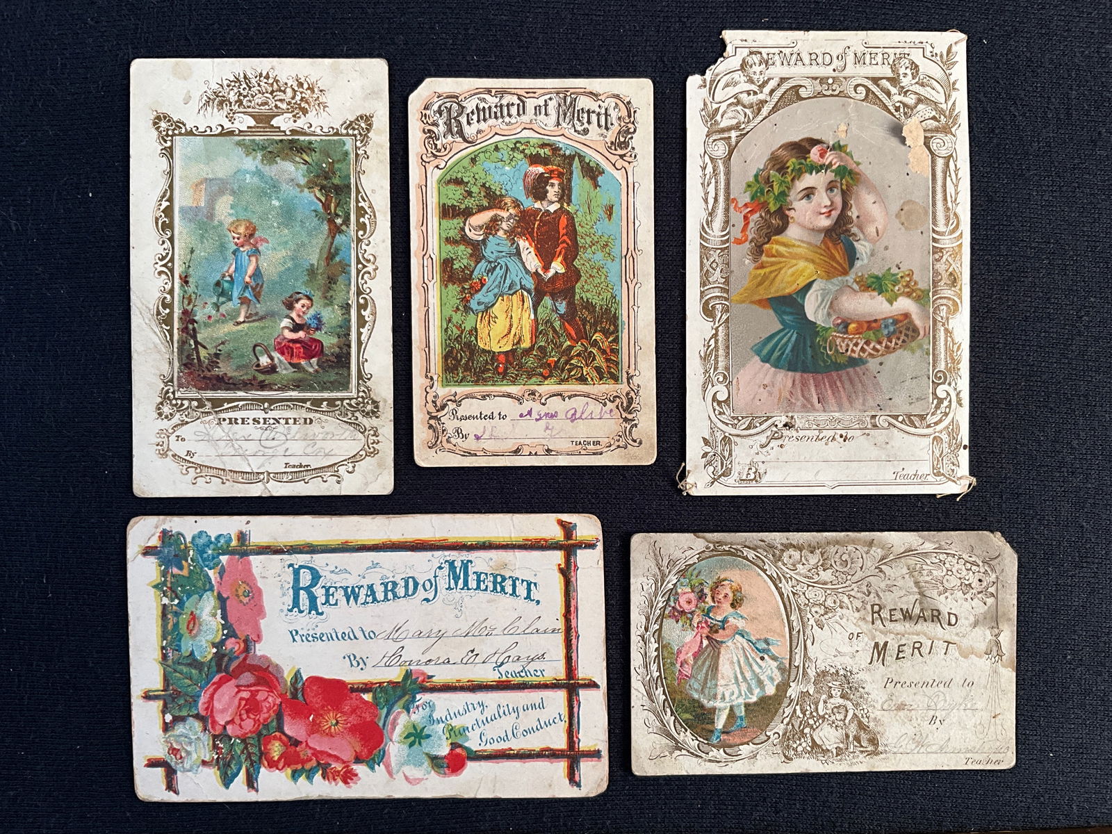 Rewards of Merit, ca. 1865-1885 Lot of 5 - Fancy Rewards (1 of 2)