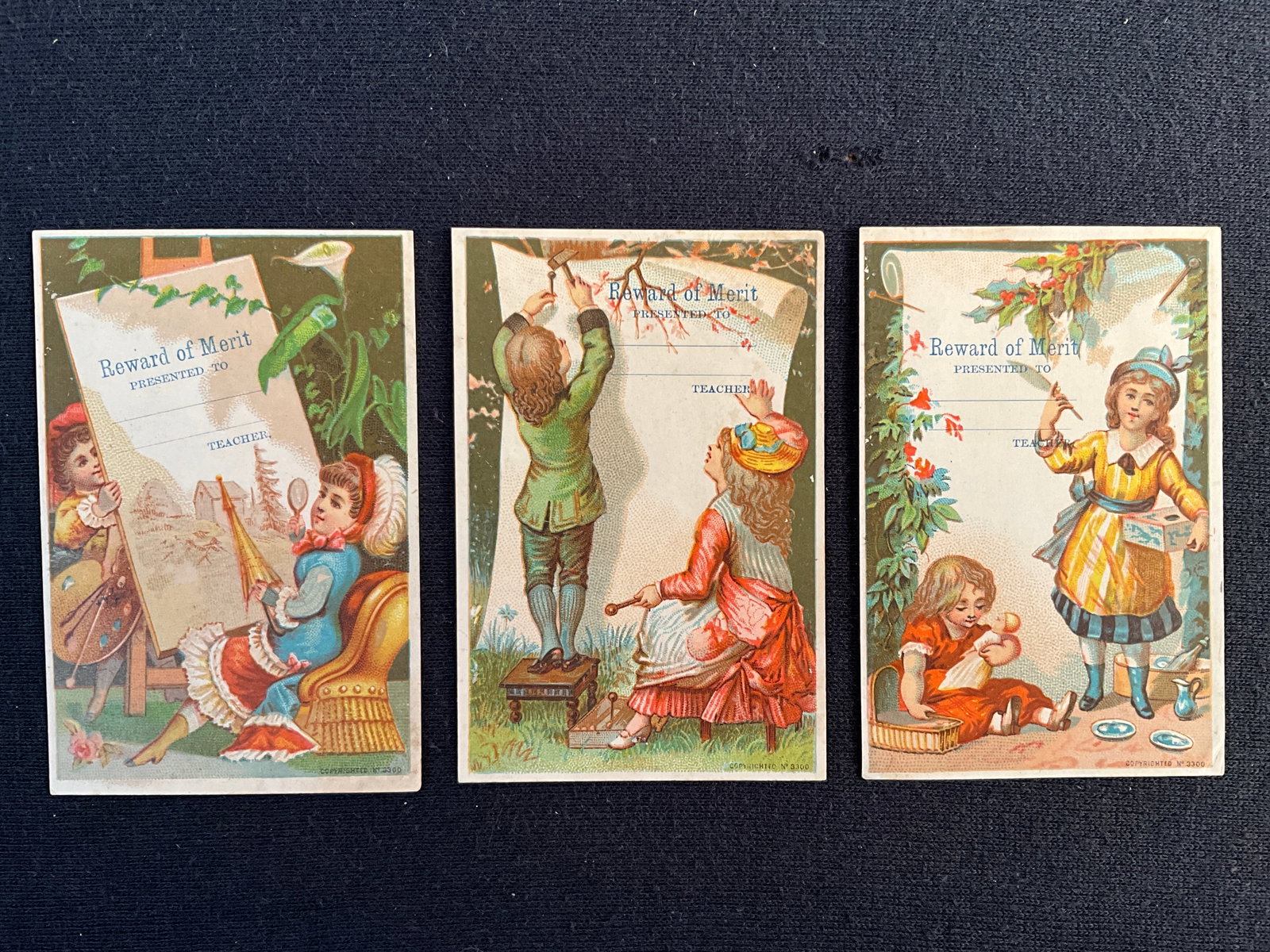 Rewards of Merit, ca. 1880s Lot of 3 - Chromolithograph Rewards: These three chromo rewards are from a set and appear un-used. Size is 3 ¾” X 2 ½”. Circa 1885 or so. One corner has an old crease