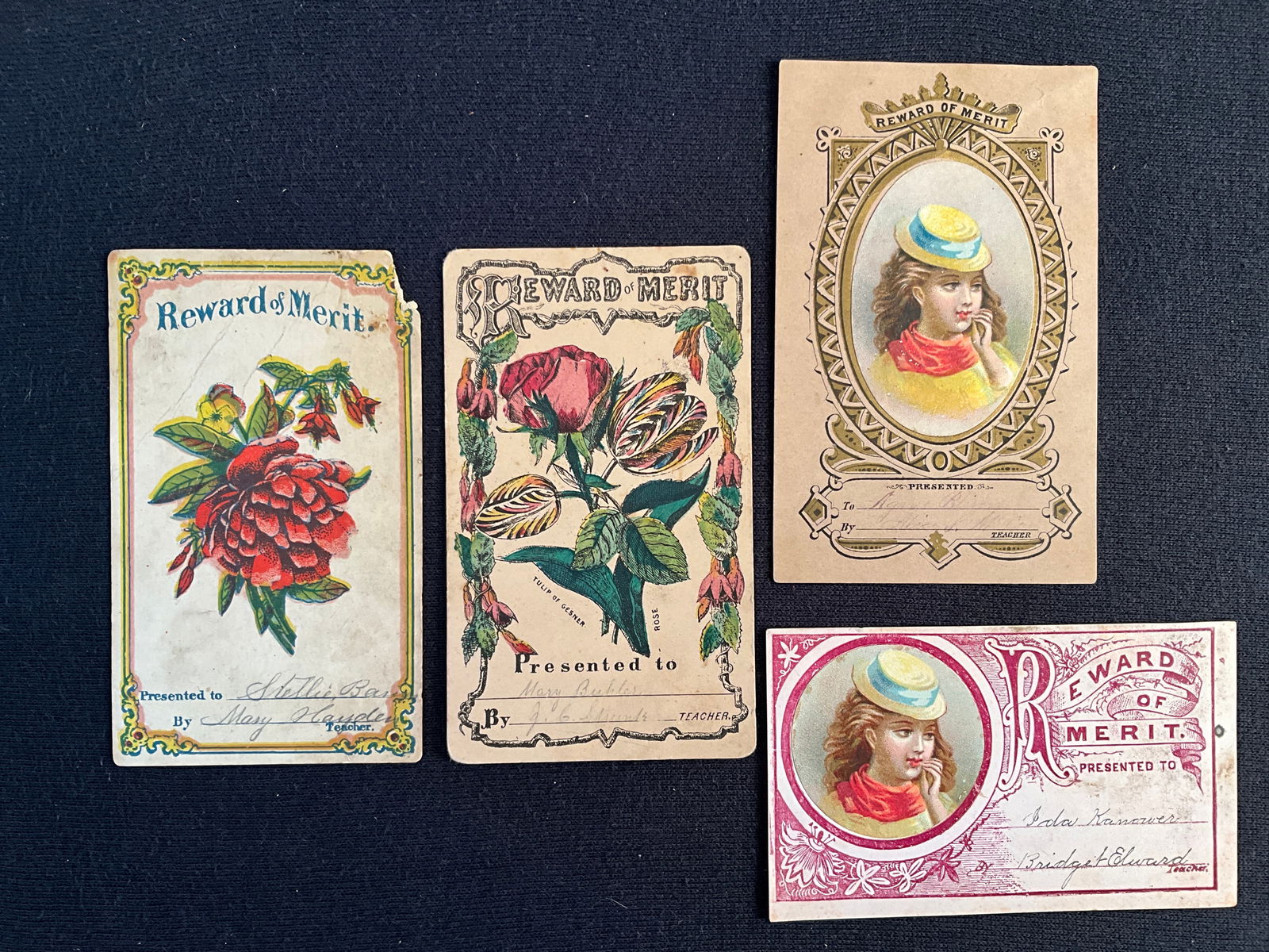 Rewards of Merit, ca. 1870s Lot of 4 - Two Dissimliar cards with identical Chromos of a Young Lady: This assortment of 4 cards has two dissimilar cards with identical added chromos of a young lady. All are probably 1870s. One floral card is in poor condition; the other has stains.