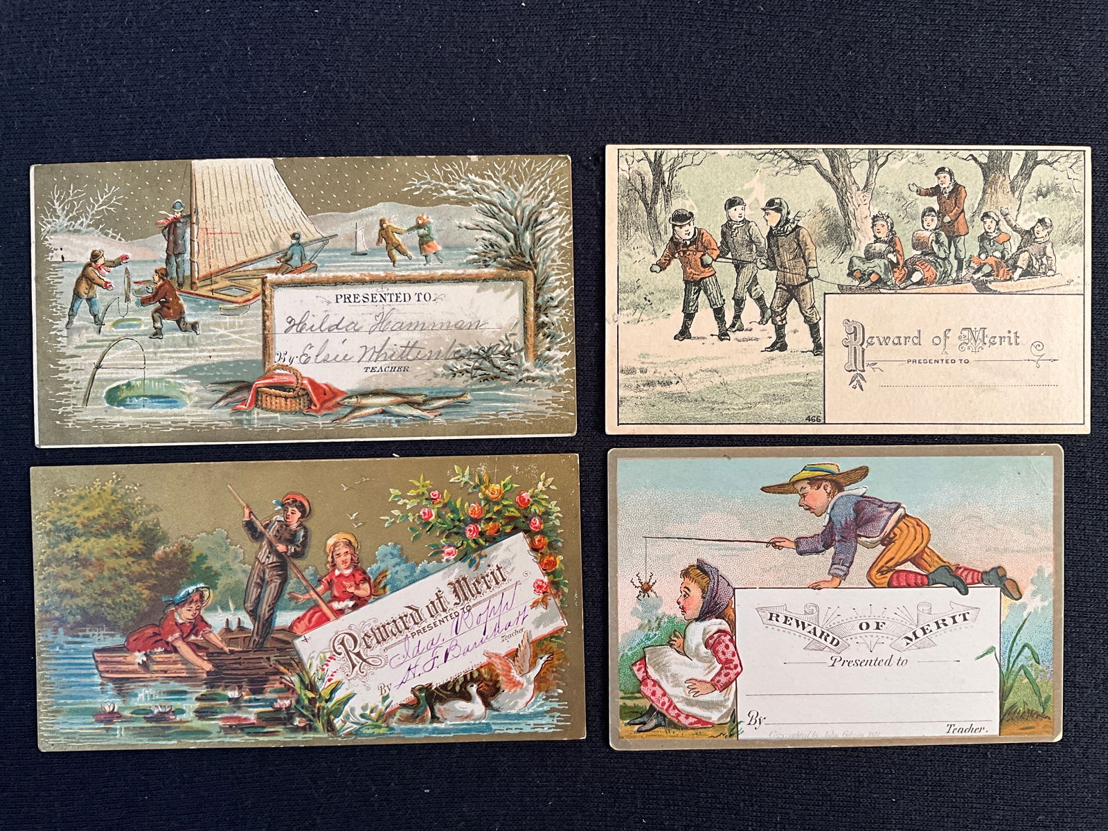 Rewards of Merit, ca. 1880 – 1890s Lot of 4 - Children Playingwith Distinct Presentation Panel (1 of 2)