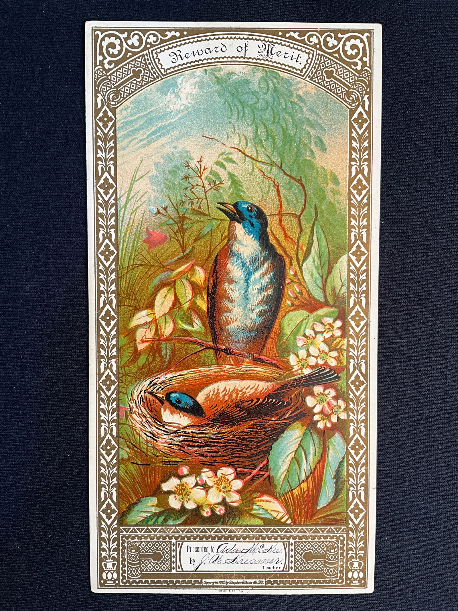 Rewards of Merit, ca. 1880s - LARGE 10 x 5 Reward - Gibson & Co., Cincinnati: This reward of merit measures 10” X 5” and has a copyright date of 1882. Printed by Gibson & Co., Cincinnati. Condition is very good.