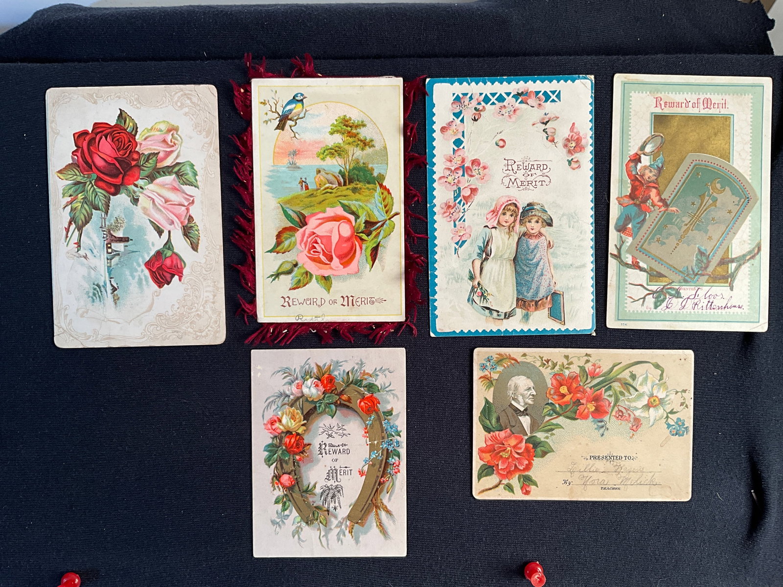 Rewards of Merit, ca. 1890s Lot of 6 - One depicting Ralph Waldo Emerson: This lot has six reward cards from the 1890s. One depicts the poet, Ralph Waldo Emerson. Longest is 5 ¼” X 3 ½”. All are fair Condition.