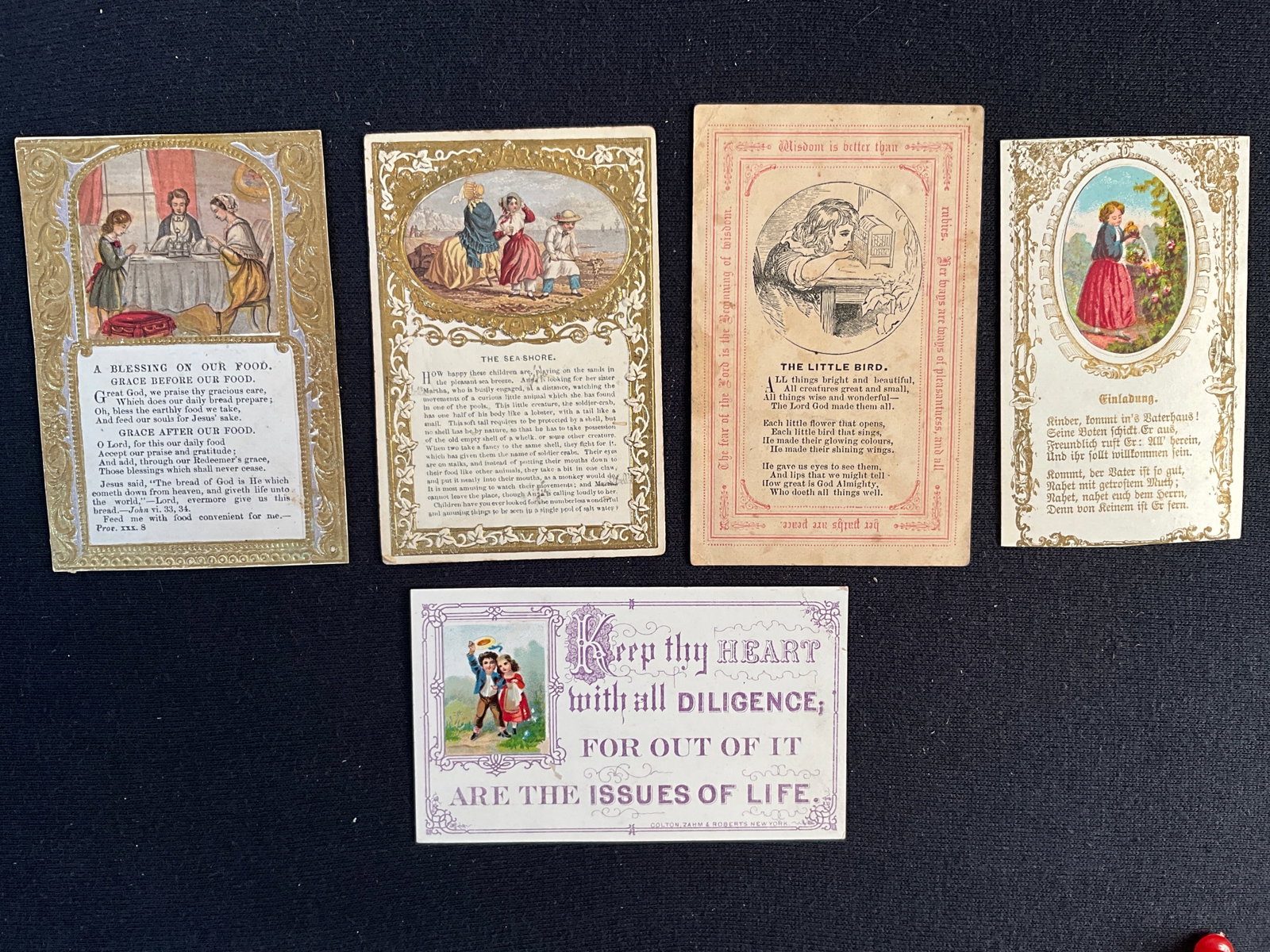Rewards of Merit, ca. 1860 – 1890s Lot of 5 - Bible Messages Regarding Morality: These five ca. 1865 – 1880 cards carry messages from the bible and else ware regarding morality & living a good life. They would be given to children, but not necessarily as a reward. Good use of gi