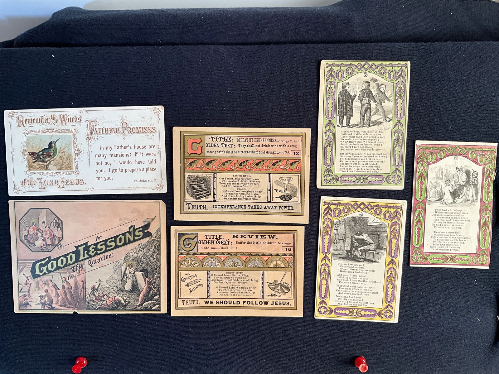Rewards of Merit, ca. 1880 – 1890s Lot of 7 - Sunday School Merits: Here are seven paper items, ca. 1880 – 1890s, that were probably given out in protestant Sunday Schools. The use of scripture and moralistic poems was to frequent. Condition is generally good.