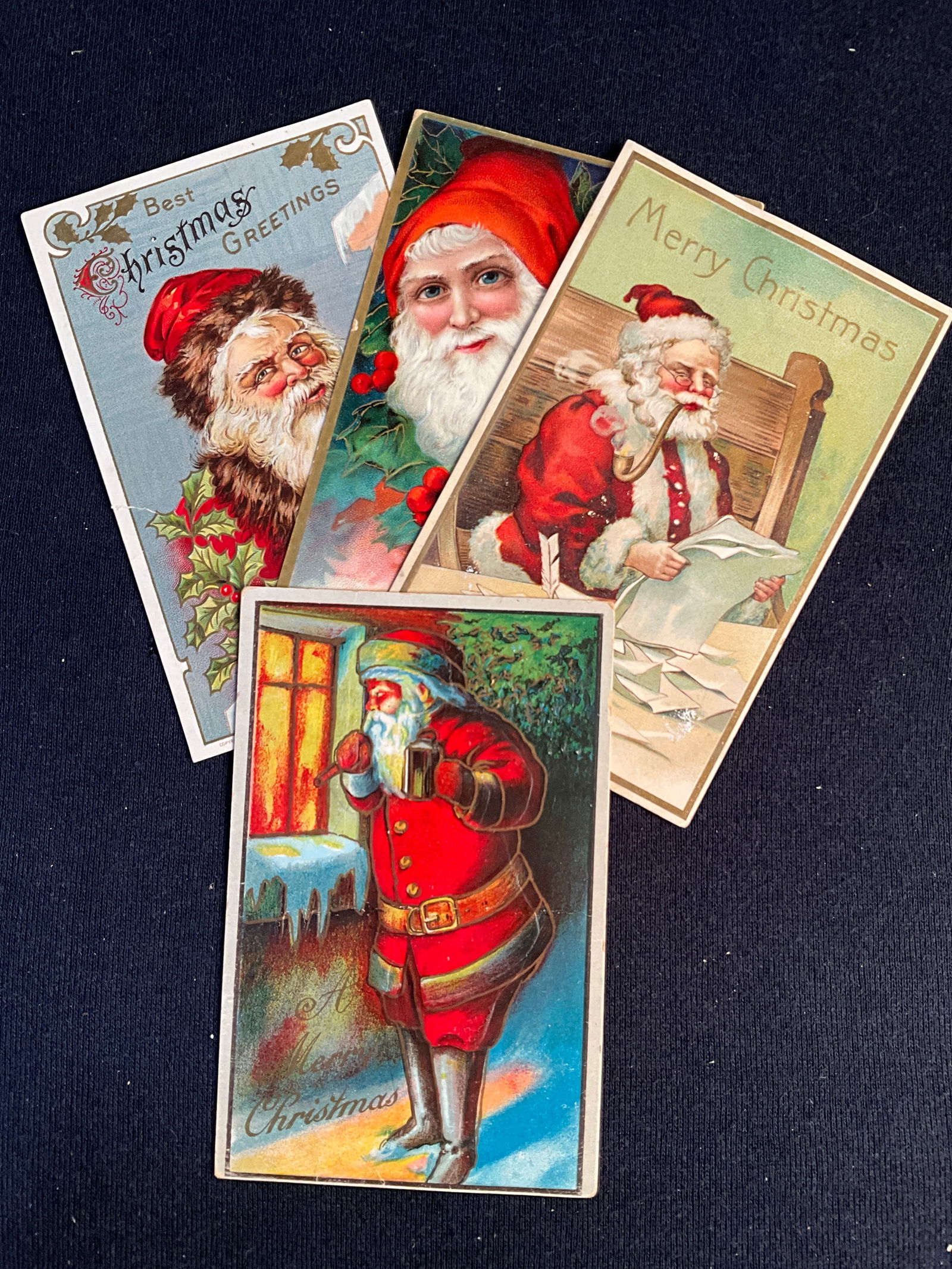 Post Cards, 1909-1910, Lot of 4 Nice Santa Post Cards: 4 Nice Santa cards, with dates 1909 & 1910. Santa-at- windows has center crease and soiling