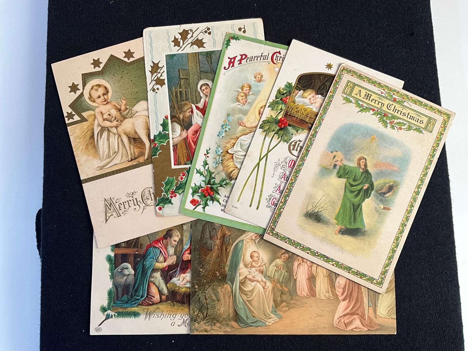 Post Cards, 1909-1915, Lot of 7 - Religious Christmas Postcards: Seven religious Christmas post cards post-marked 1909-1915. All depict Crist. Two cards have small minor creases