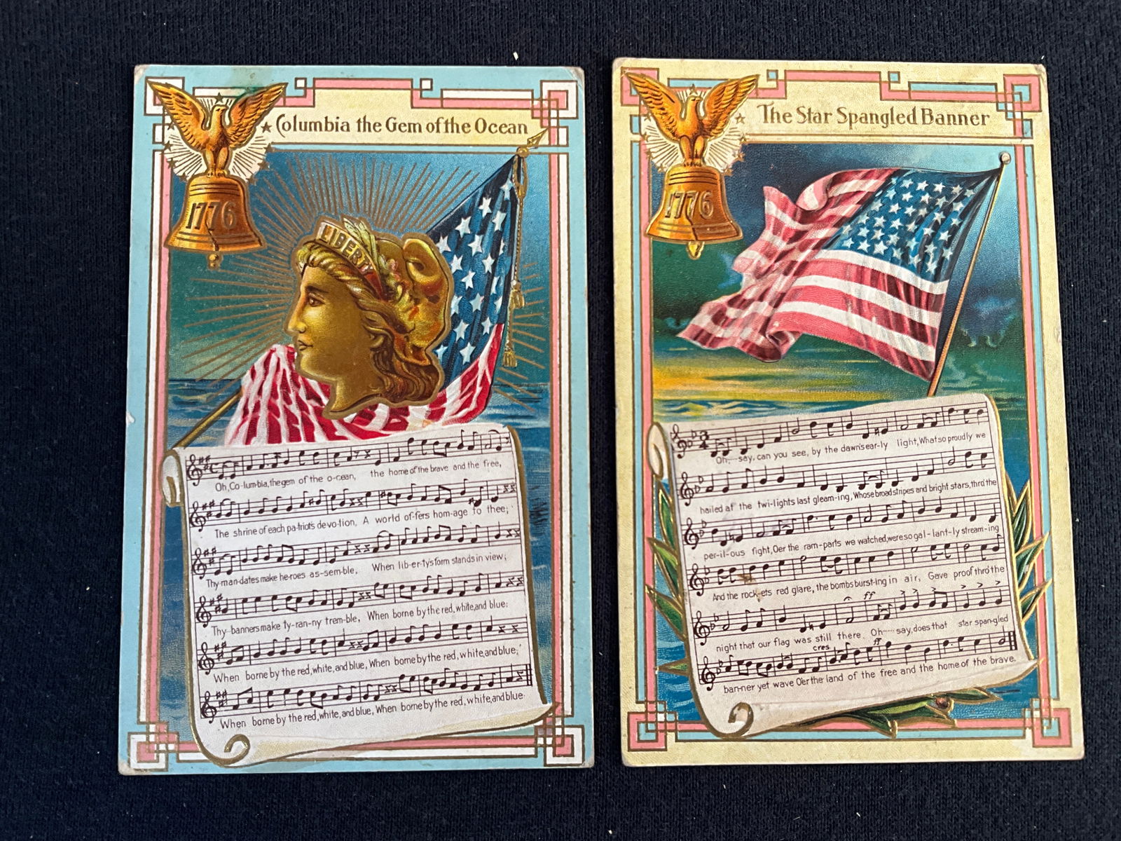 Post Cards, Ca. 1912-1916, Lot of 2 – Fourth of July Postcards: Two Fourth of July cards from he National Song Series, postmarked 6/29/1912 and 7/3/1912. Cards feature "The Star Spangled Banner" and "Columbia the Gem of the Ocean". Fair to good condition, wear at