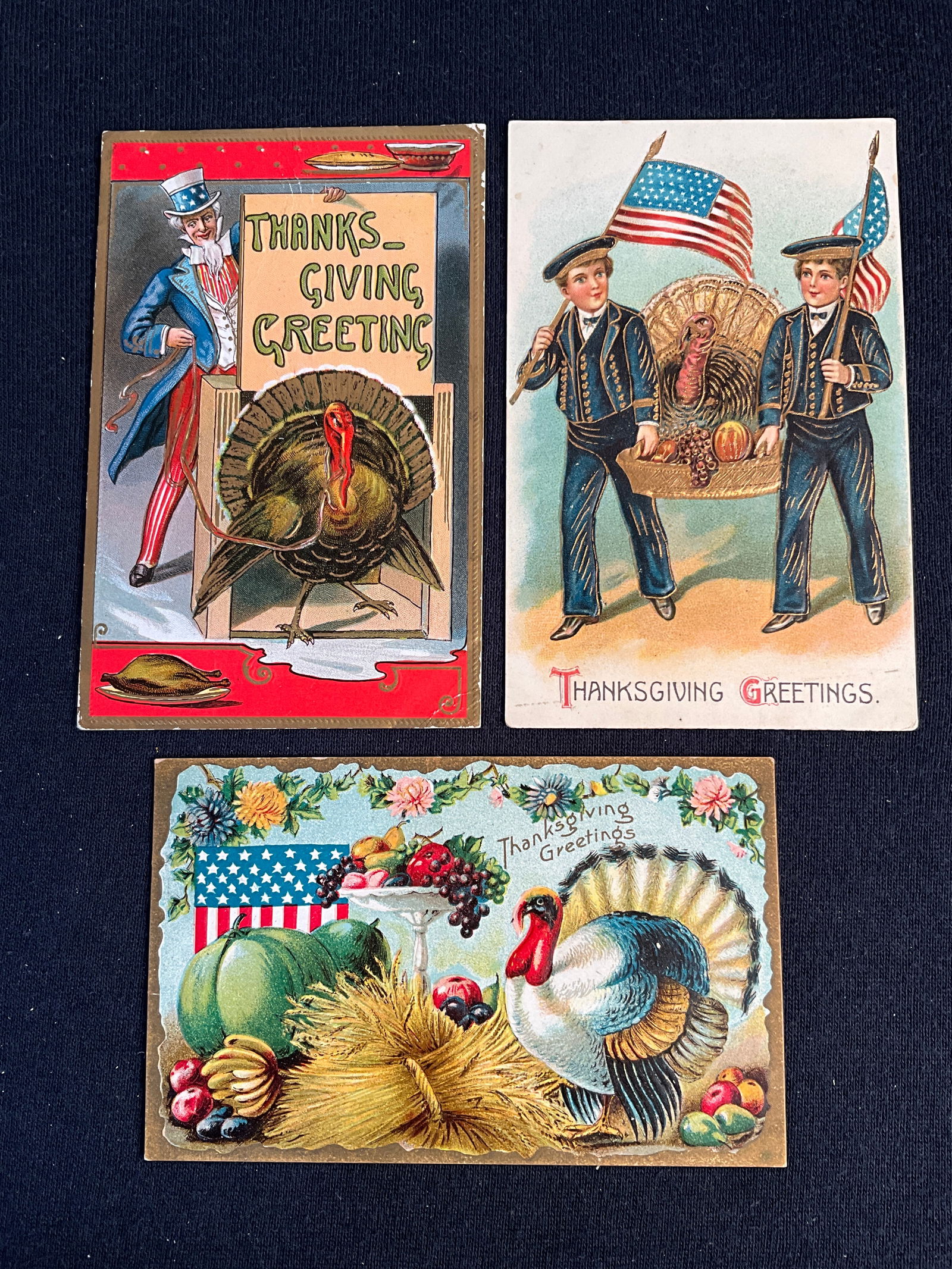 Post Cards, Ca. 1910s, Lot of 3 - Patriotic Thanksgiving Day Cards (1 of 2)
