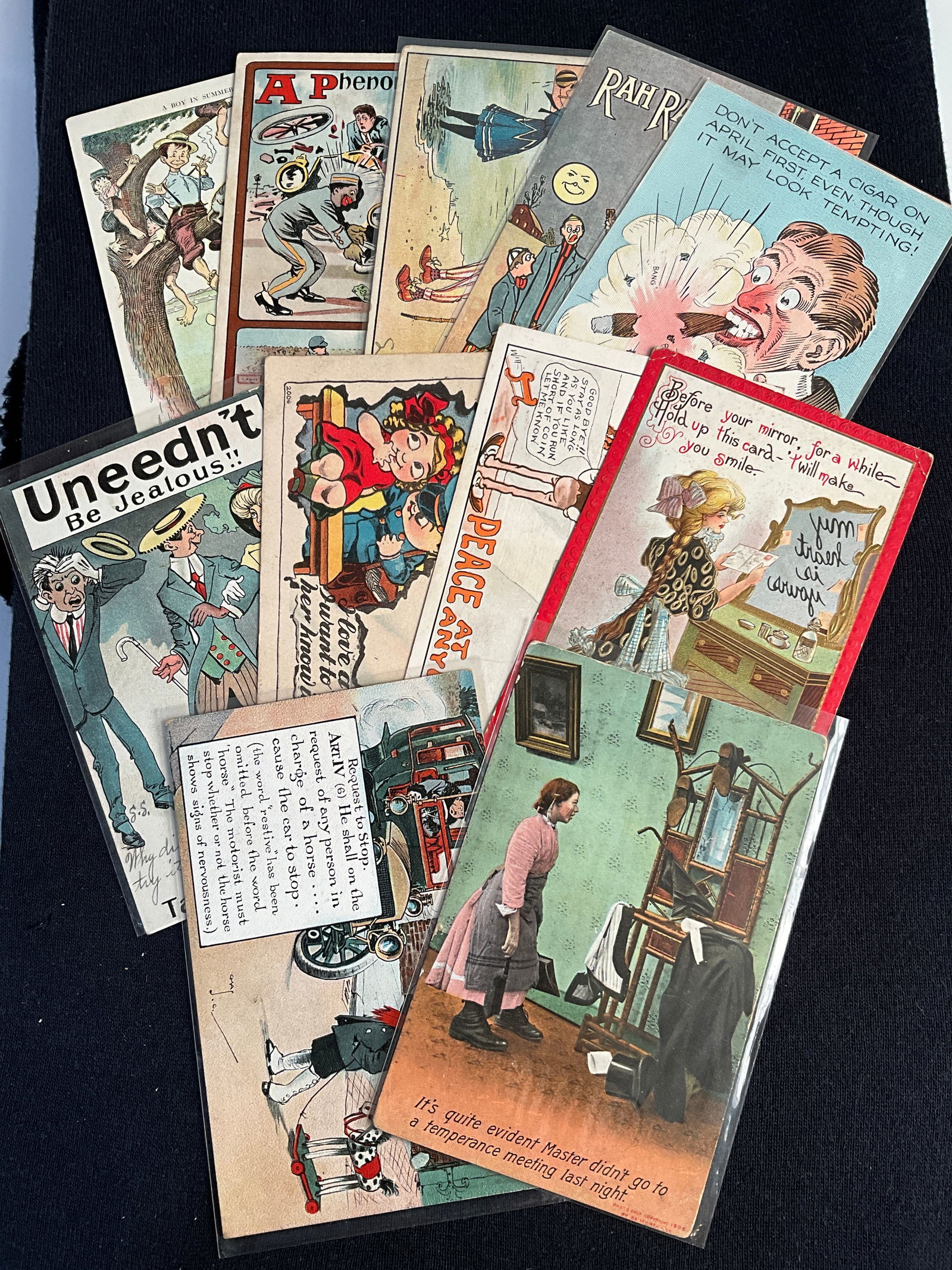 Post Cards, Ca. 1910s, Lot of 11 - Humorous and Artist Signed Postcards: Eleven humorous cards, 1906-1916. Five are artist signed. John T McCutcheon card has crease and corner missing. Most rate fair condition..