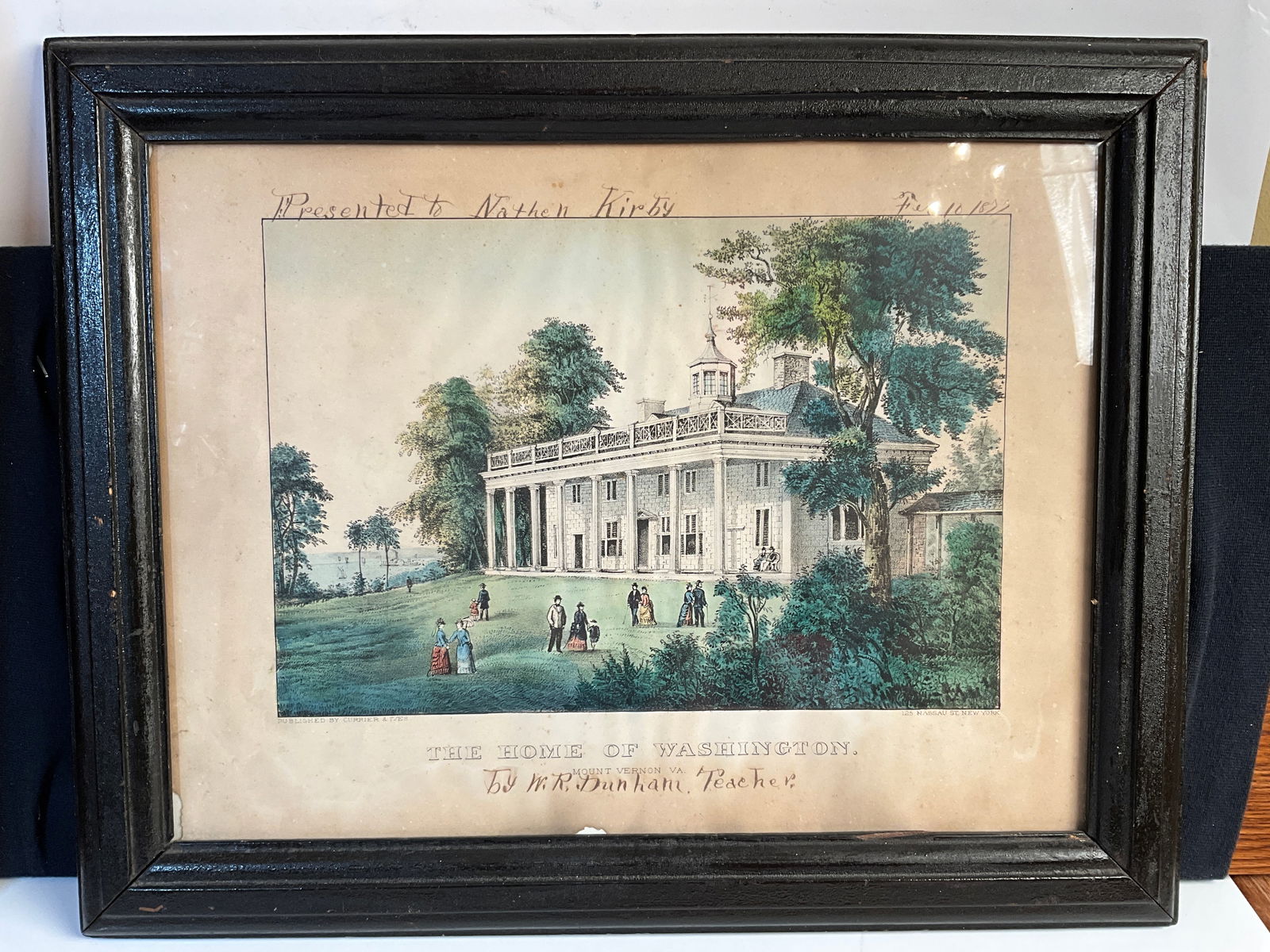 Reward of Merit, Large Print, 15 x 19 - "The Home of Washington" with Inscription from Teacher: This lithograph of "The Home of Washington" was given "to Nathen Kirby on Feb. 11, 1877, by W.R. Dunham, Teacher." It was published by Currier & Ives, 125 Nassau St., New York and has good hand-tintin