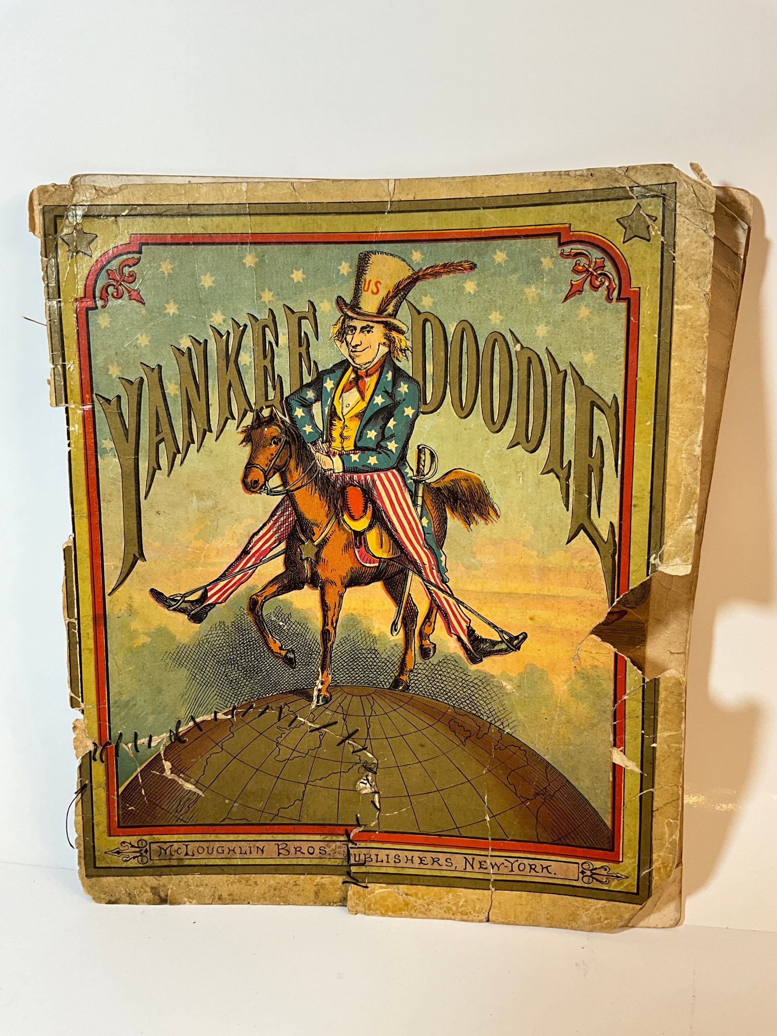 Antique Children's Book, Yankee Doodle, McLoughlin Bros. Publishers, New-York: Yankee Doodle, published by McLoughlin Bros. Publishers, New-York, circa 1880's. This book has six chromolithographs, as well as the front and back cover. Front cover is detached, and back cover is st