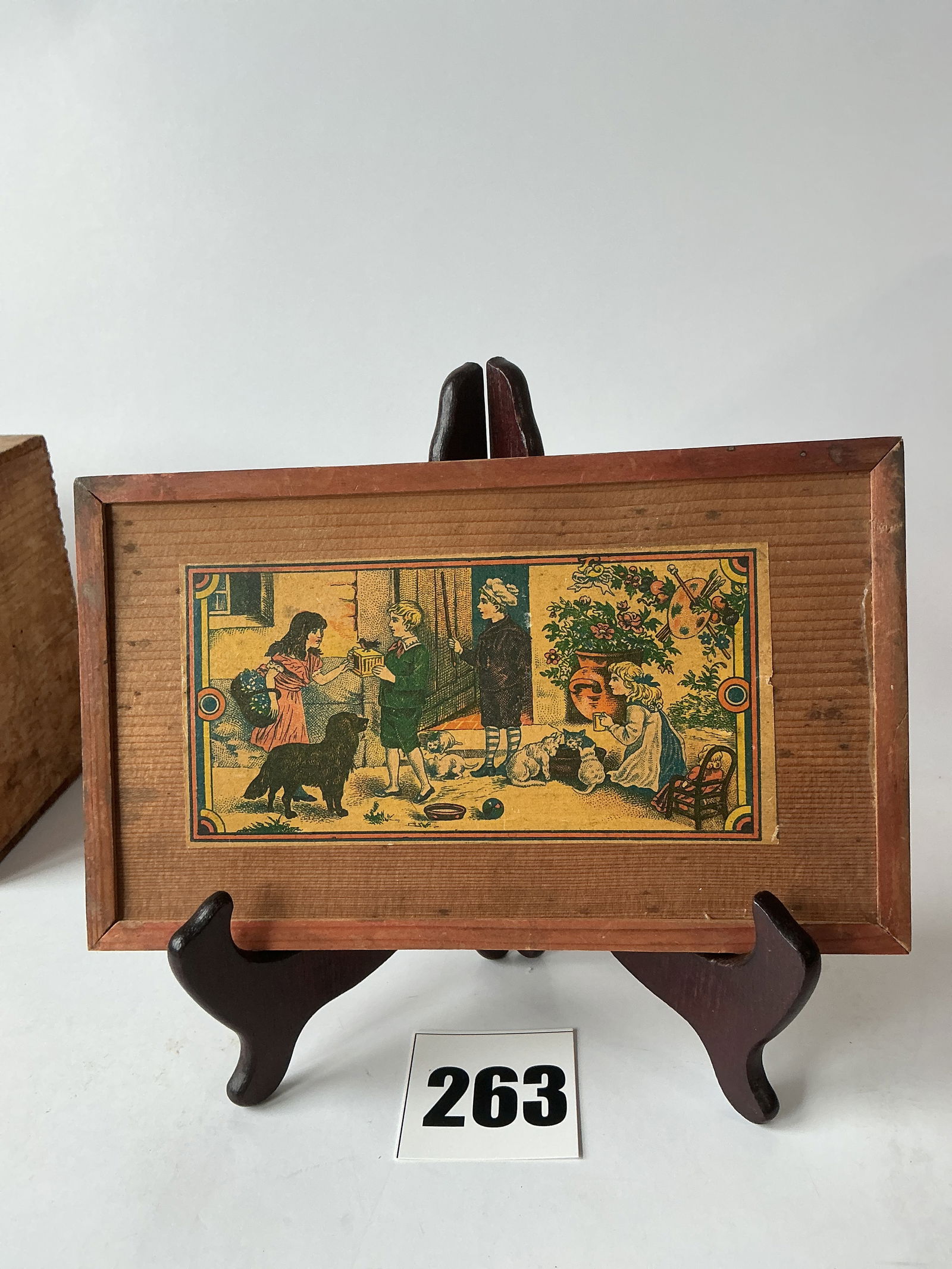 Early Finger Paint Set in Wooden Box: Here's what I am assuming is a Finger Paint Set. The set is complete in a wooden box with a sliding lid. The lid has a nice label with children and animals.