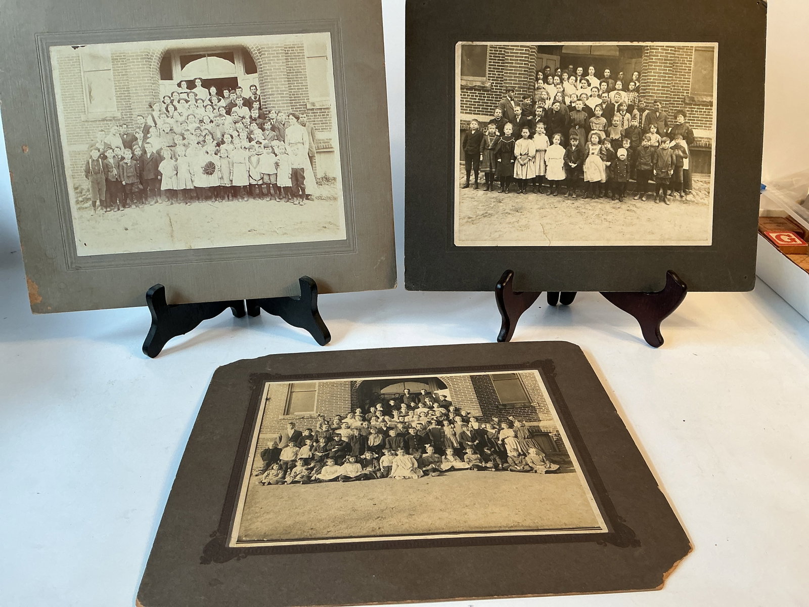 School photo - 3 Mounted Exterior School Photos: These 3 photos all depict the same school building. Apparently being taken over time, they must have been saved by one family. Not identified, ca. 1890 - early 1900s. The prints are 6.5 x 8.5 and in g