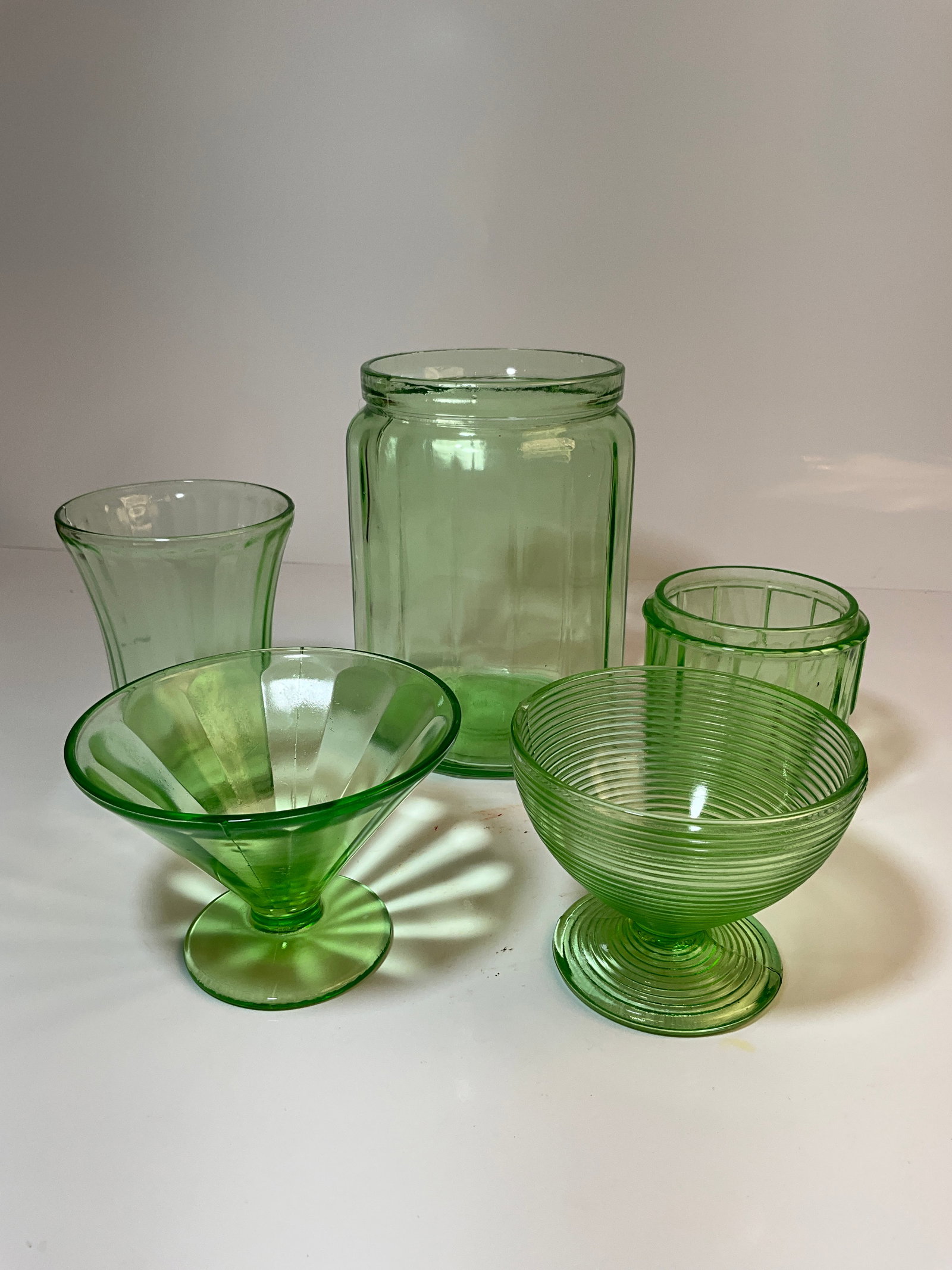 Lot of 5 Uranium Glass/Depression Green Glass containers - Dessert Bowls and Two Jars (1 of 11)