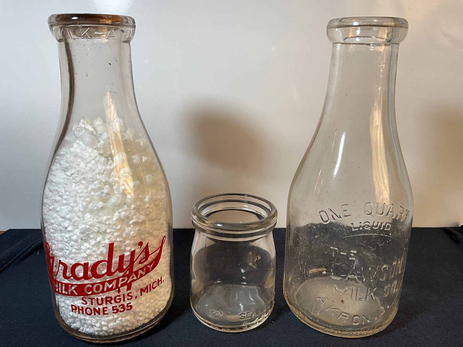 3 Milk Bottles, Gradys Milk Bottle, Sturgis Michigan, Lawson Milk Co, Akron Ohio and 1 unembossed Pt (1 of 8)