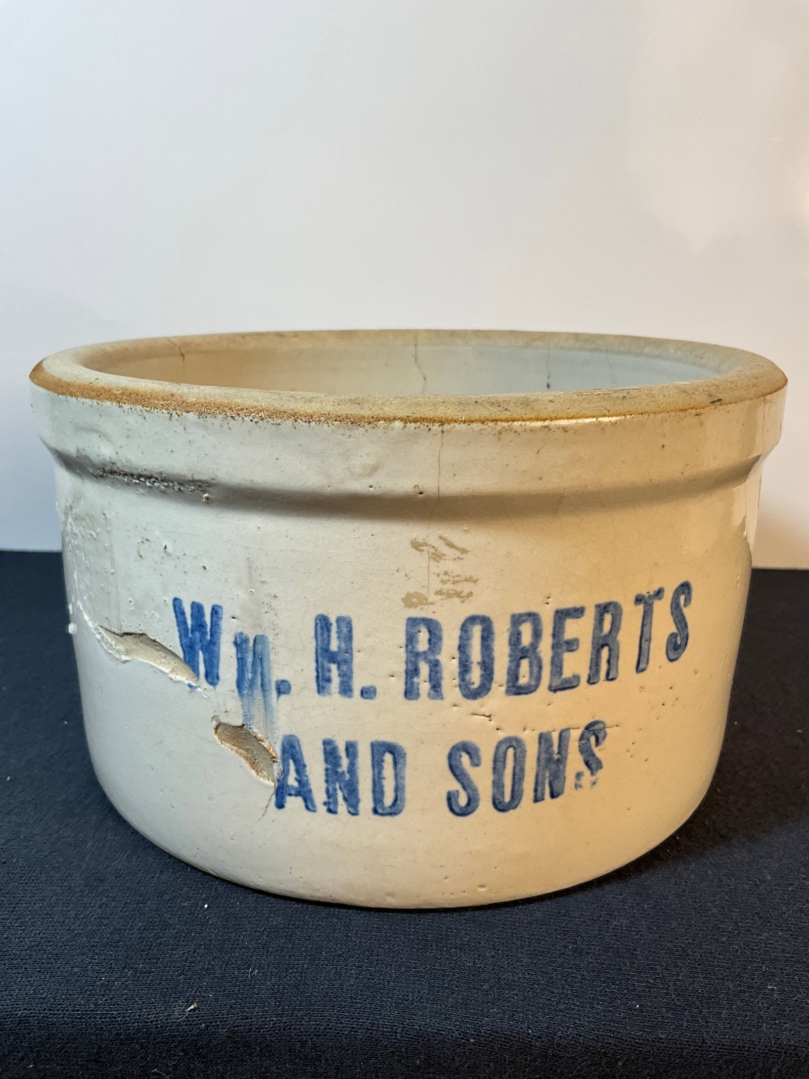 Wm H Roberts and Sons, Indianapolis IN. Cottage Cheese Crock, Stoneware with Blue Stencil (1 of 8)